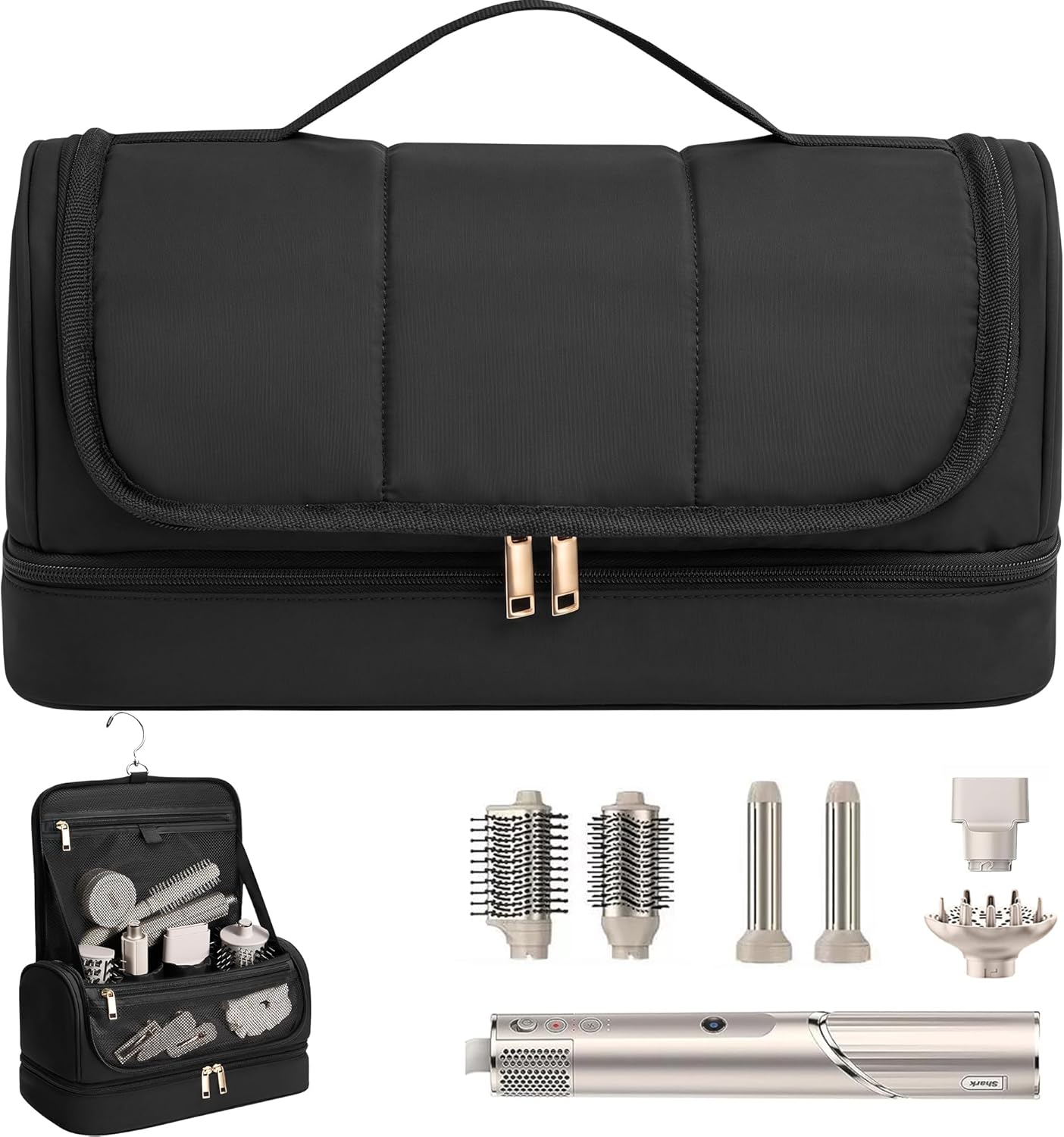 Hanging Hair Tool Organizer for Dyson Airwrap | Water-Resistant Travel Case with Removable Divider - Black