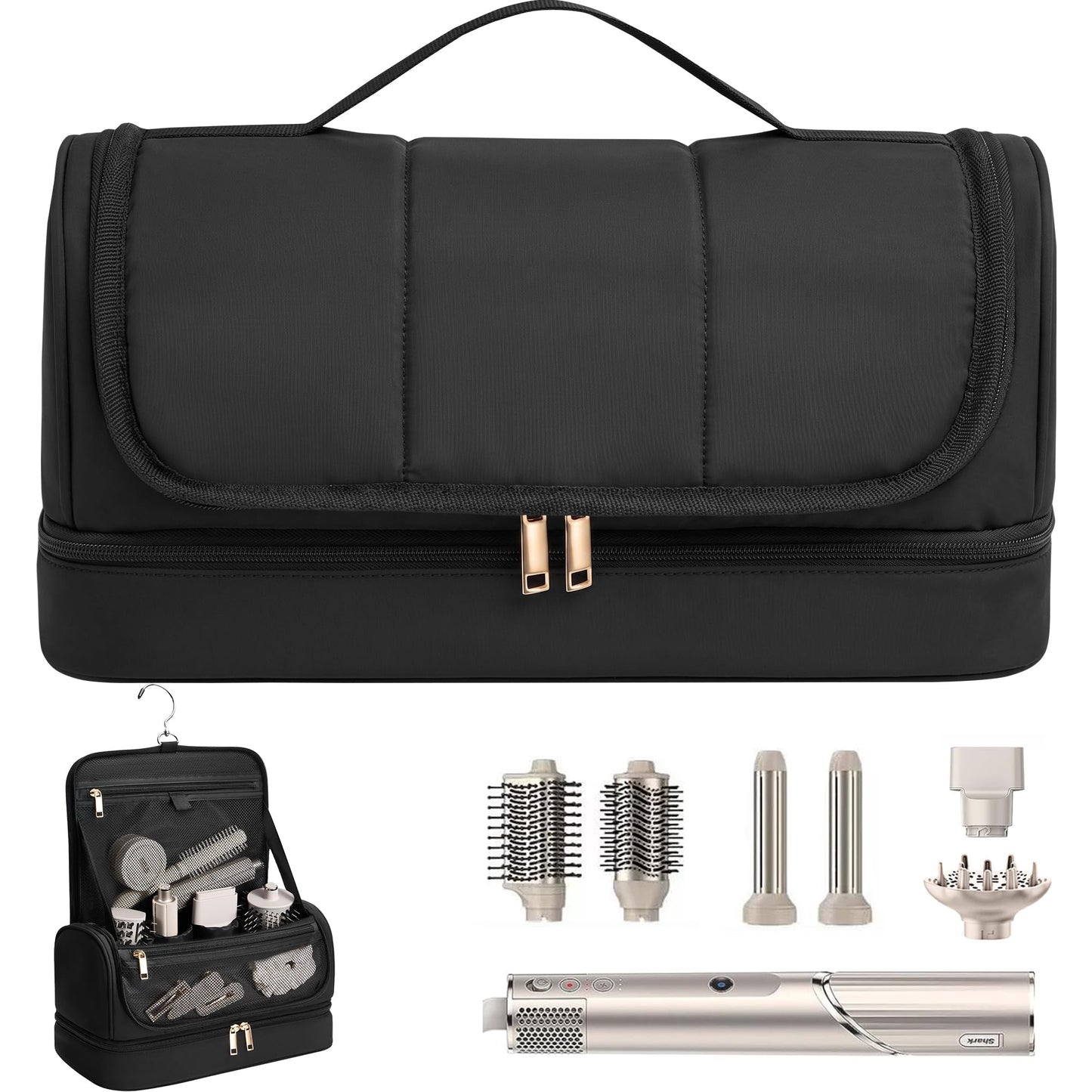 Noldena Hanging Hair Tool Organizer for Dyson Airwrap and Shark FlexStyle, Water-Resistant Travel Case with Removable Divider, Storage Bag for Attachments, Black