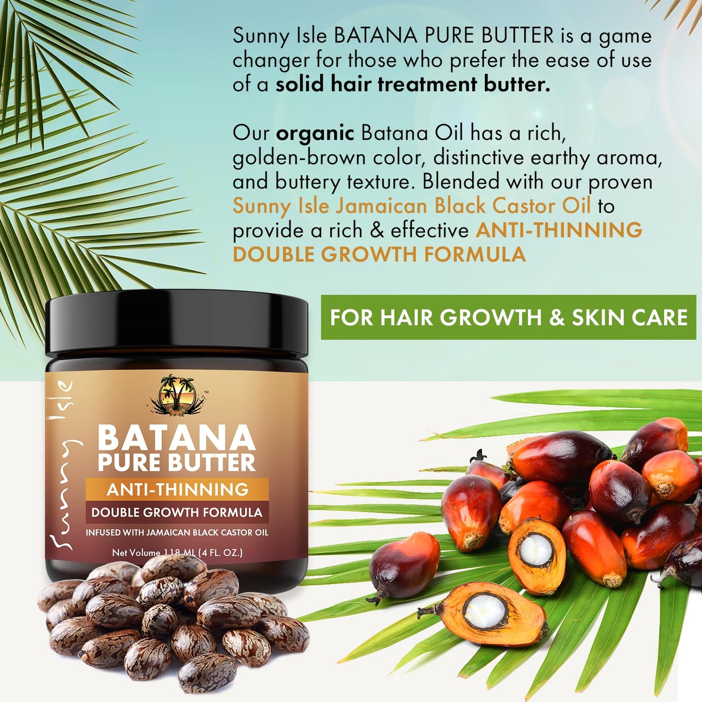 Sunny Isle Batana Pure Butter Infused with Jamaican Black Castor Oil 4 oz, Double Growth Formula