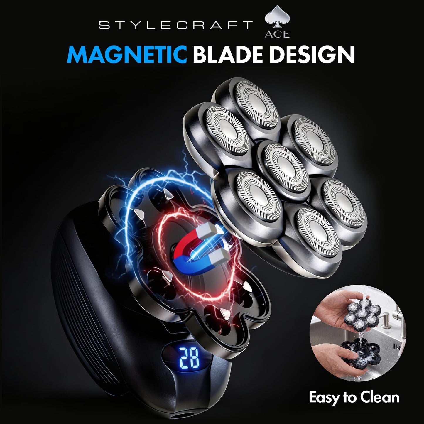 StyleCraft Ace 7X Rotary Bald Head Shavers for Men, Up To 8500 RPM Motor Cordless Electric Head Shaver & Razor with 7 Floating Flex Heads IPX7 Waterproof Wet & Dry Razor USB-C Rechargeable LCD Display
