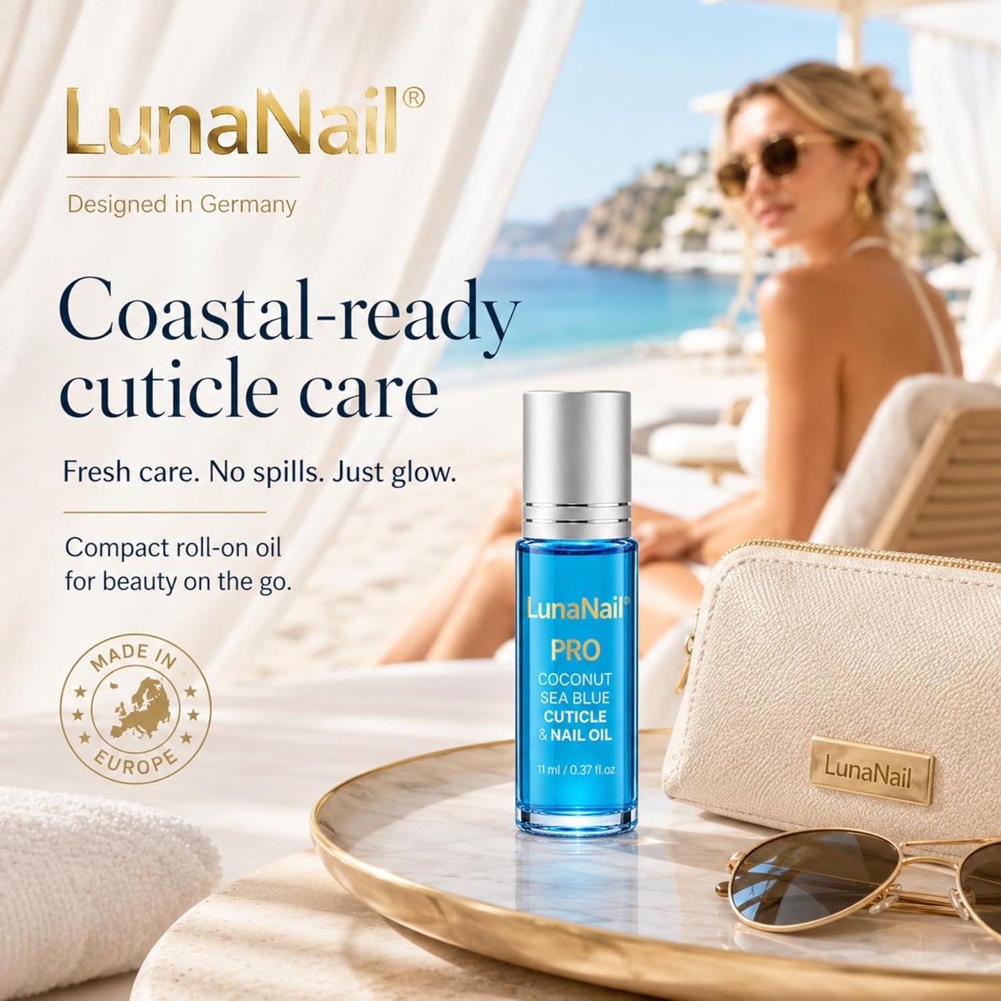 Cuticle Oil - Roll-On Nail Oil with Vitamin E & Jojoba | Hydrating Serum for Dry Cuticles - Coconut Sea Blue