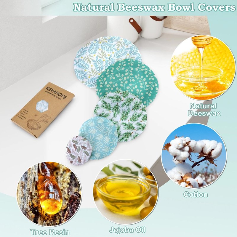 Revahope 5-Size Reusable Beeswax Bowl Covers for Bread Proofing, Cotton Cloth Flexible Beeswax Wraps for Food Storage(Green Leaves)