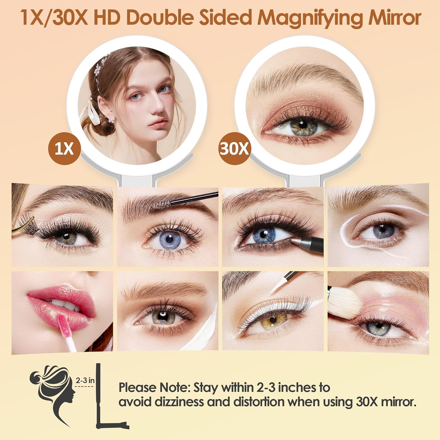 MIYADIVA Magnifying Makeup Mirror with Light - 30X/1X Double-Sided, Dimmable Touch Screen, Adjustable & Foldable | White
