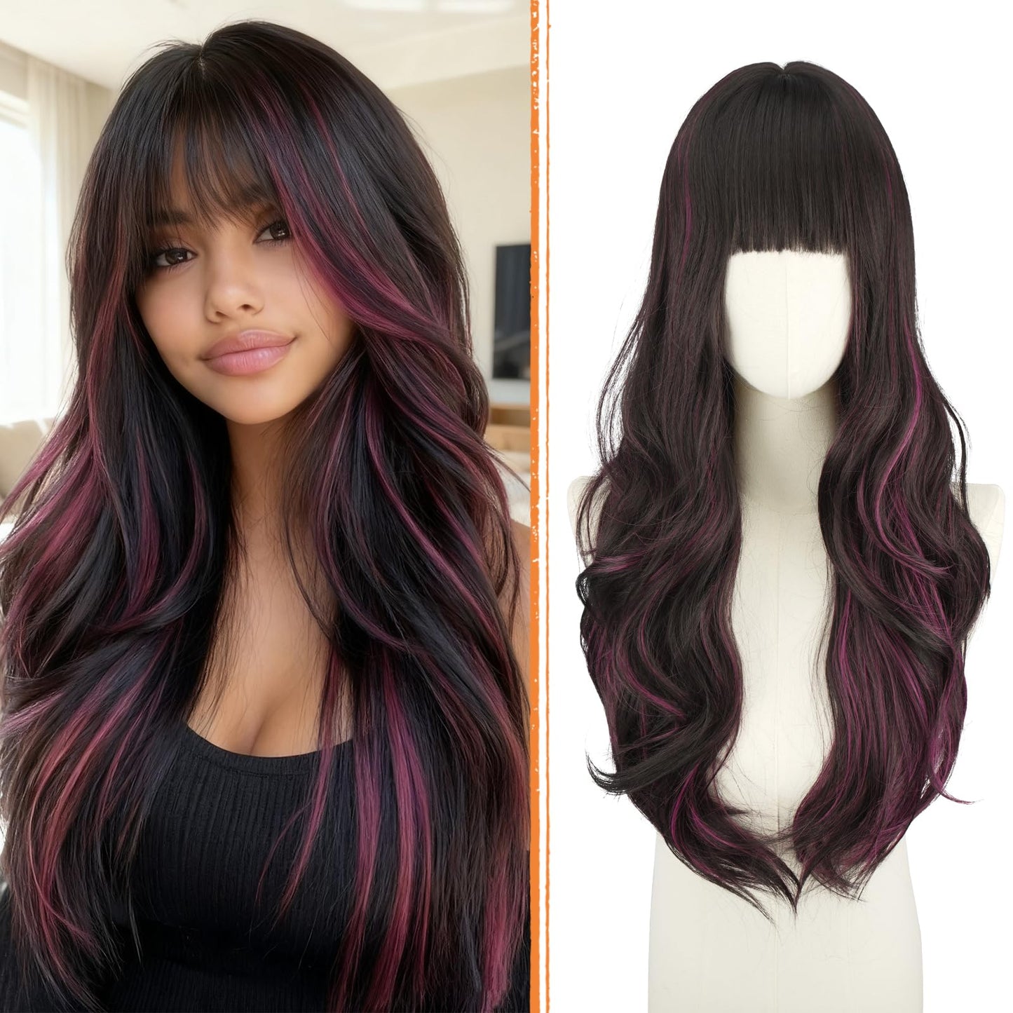 Haloo Brown Wigs with Bangs - Long Layered Natural Looking Synthetic Heat Resistant Wavy Hair Wigs for Women Daily Party, 26 Inch Black Brown Mixed Pink