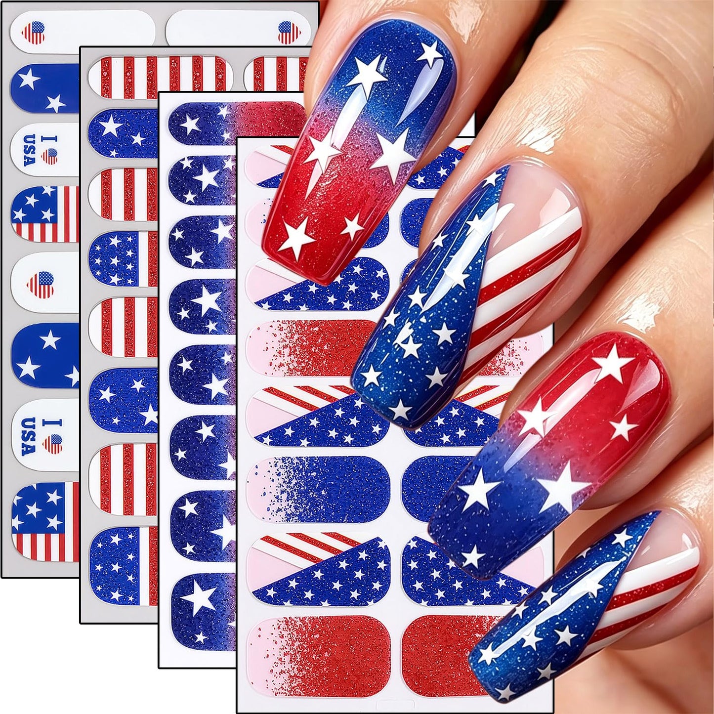 4Sheets 4th of July Gel Nail Strips Stickers Independence Day Full Wrap Nail Stickers American Flag Star Design Patriotic Nail Polish Strips 3D Self Adhesive Summer Holiday Nail Wraps Decals for Women