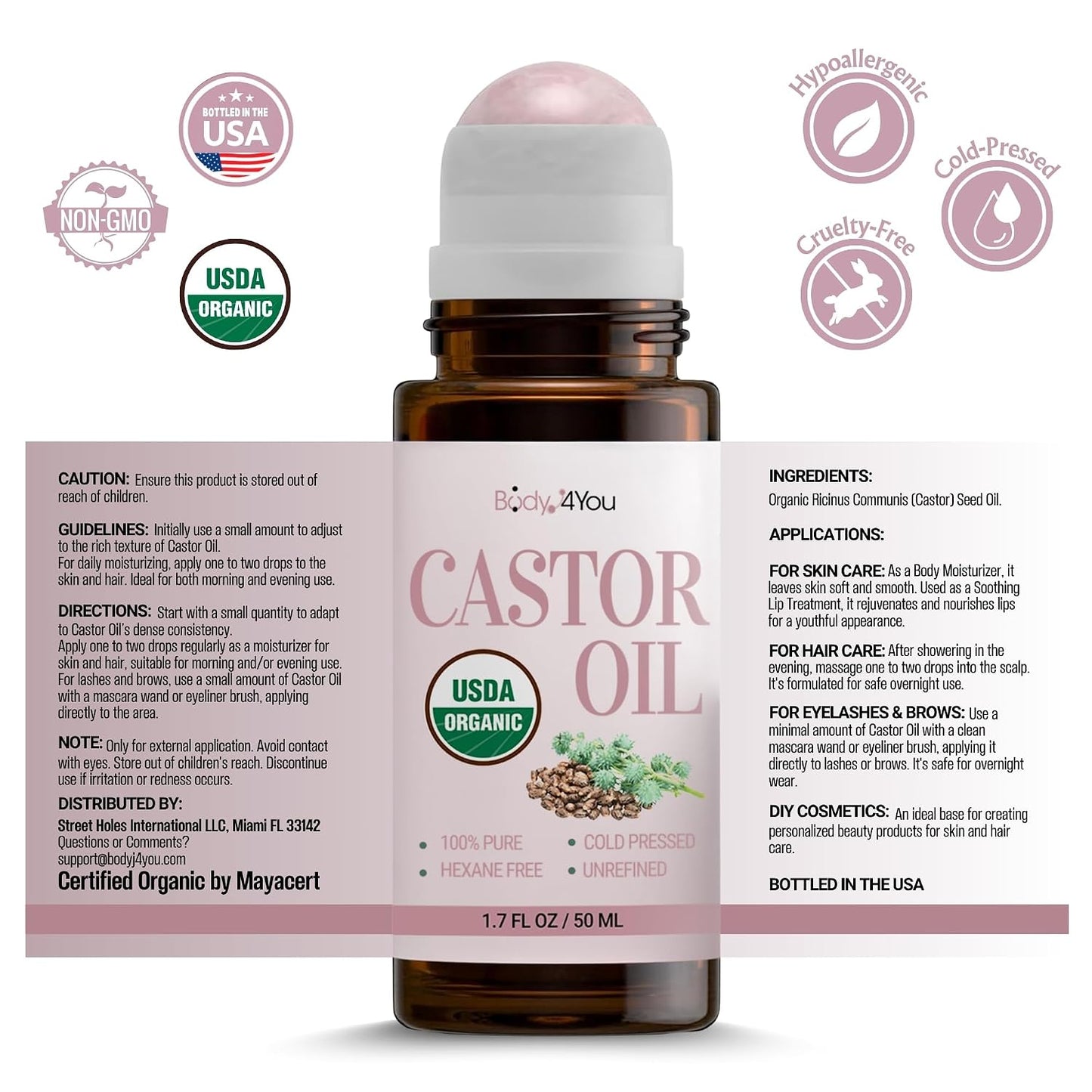 Castor Oil Roll-On for Eyelashes & Eyebrows - 100% Pure Organic Cold Pressed | Hydrating Growth Oil - 1.7 Fl Oz