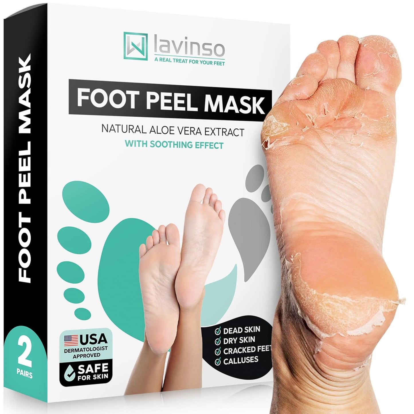 Lavinso Foot Peel Mask - Exfoliating Dry Cracked Feet Treatment | 2 Pack for Soft, Smooth Skin