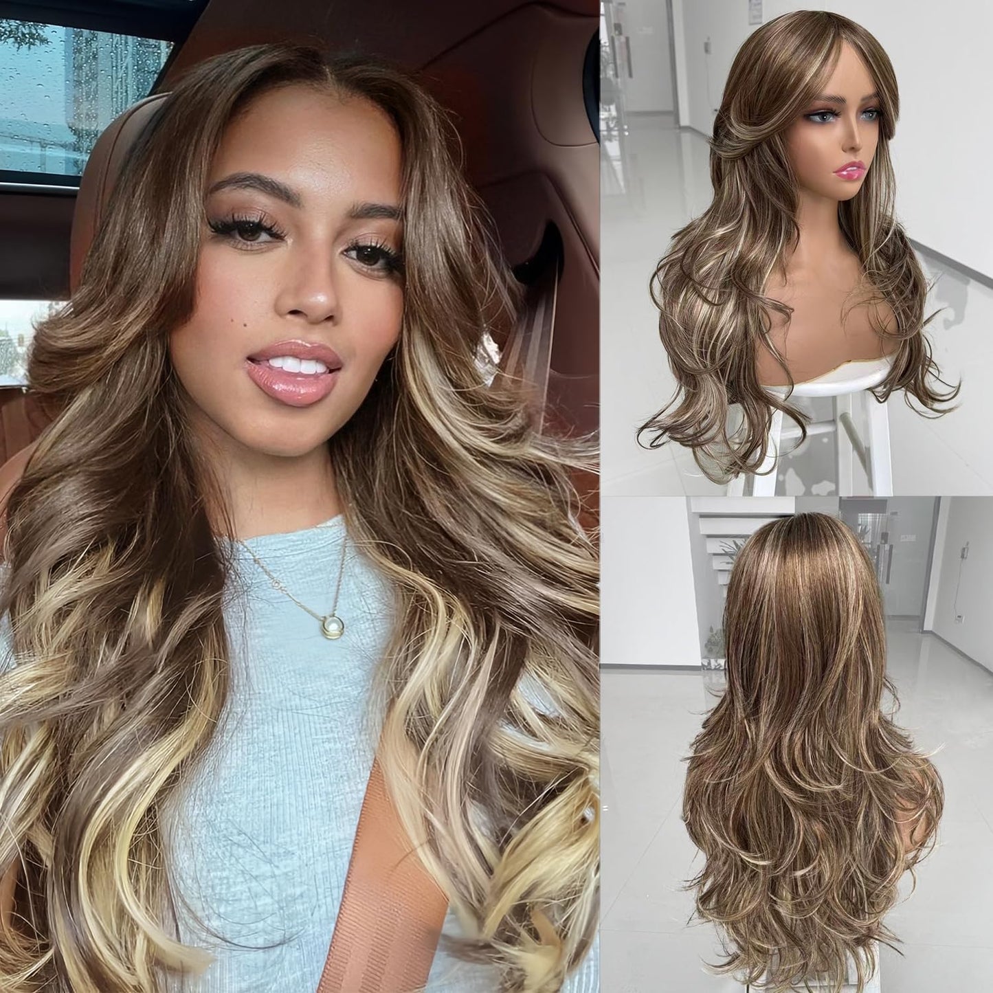 Long Black Wavy Wig for Women - Layered Synthetic Hair with Curtain Bangs | 24-Inch Natural Look