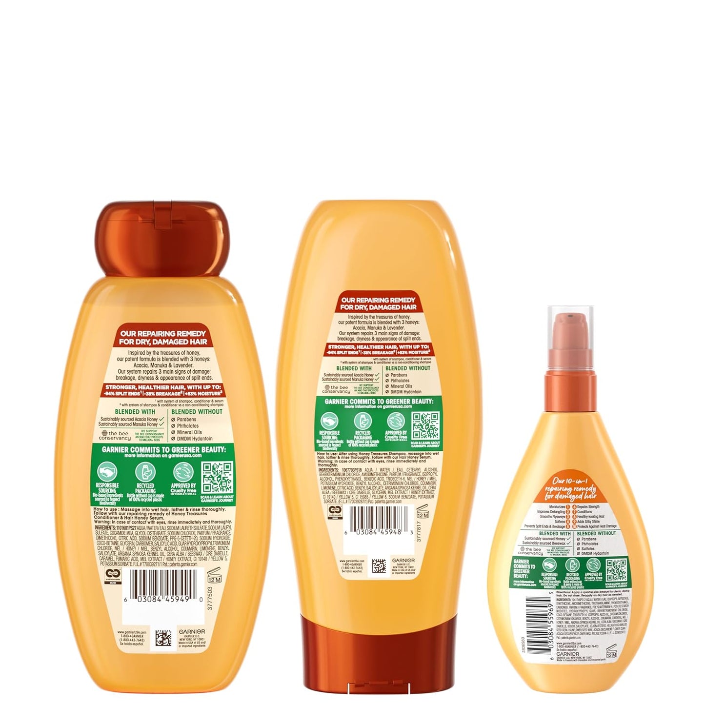 Garnier Whole Blends Honey Treasures Repairing Shampoo & Conditioner Set | Miracle Nectar for Dry, Damaged Hair (3 Items)