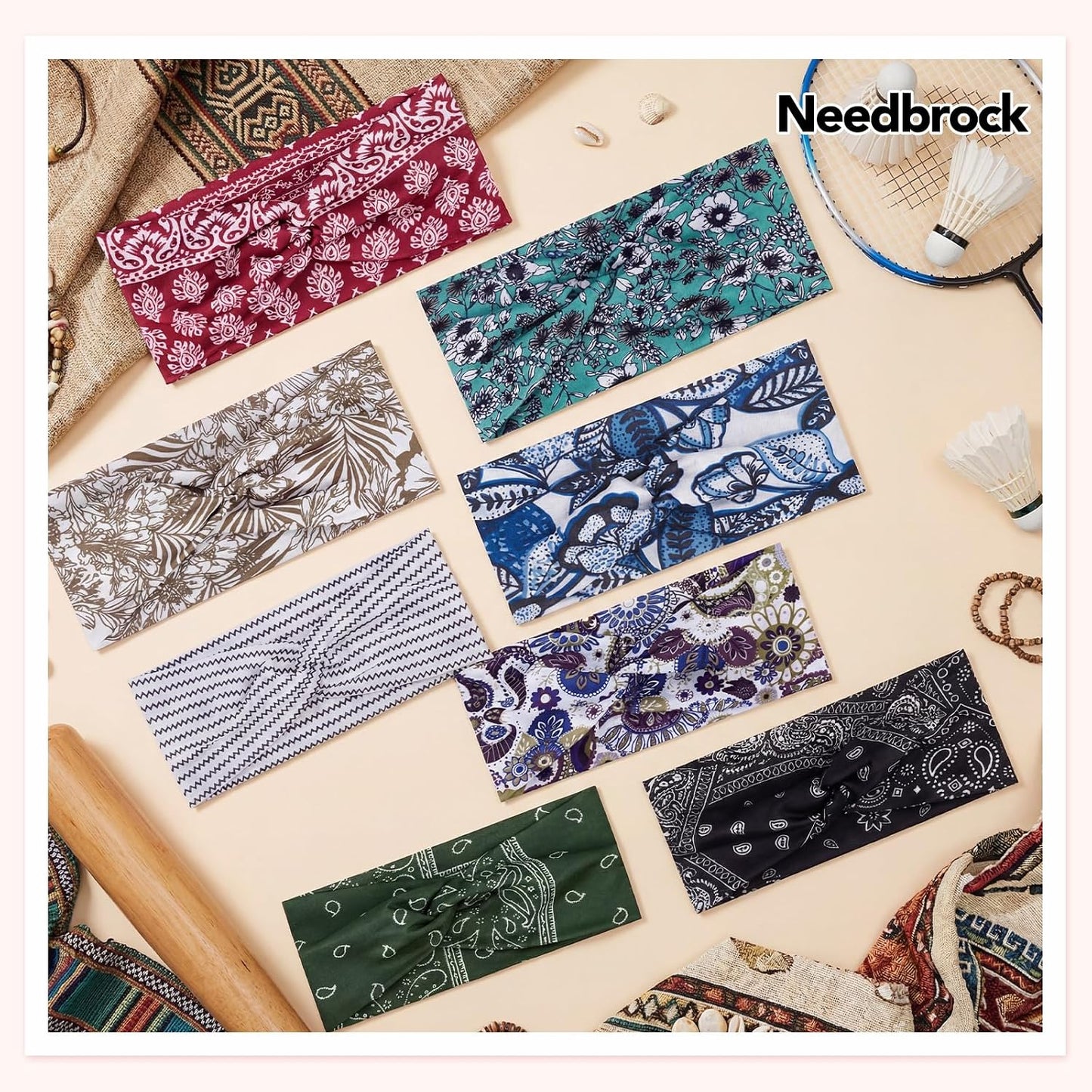 Needbrock Boho Headbands for Women - 8 Pcs Non-Slip Knotted Hair Bands | Soft Stretchy Cloth for Yoga & Daily Wear