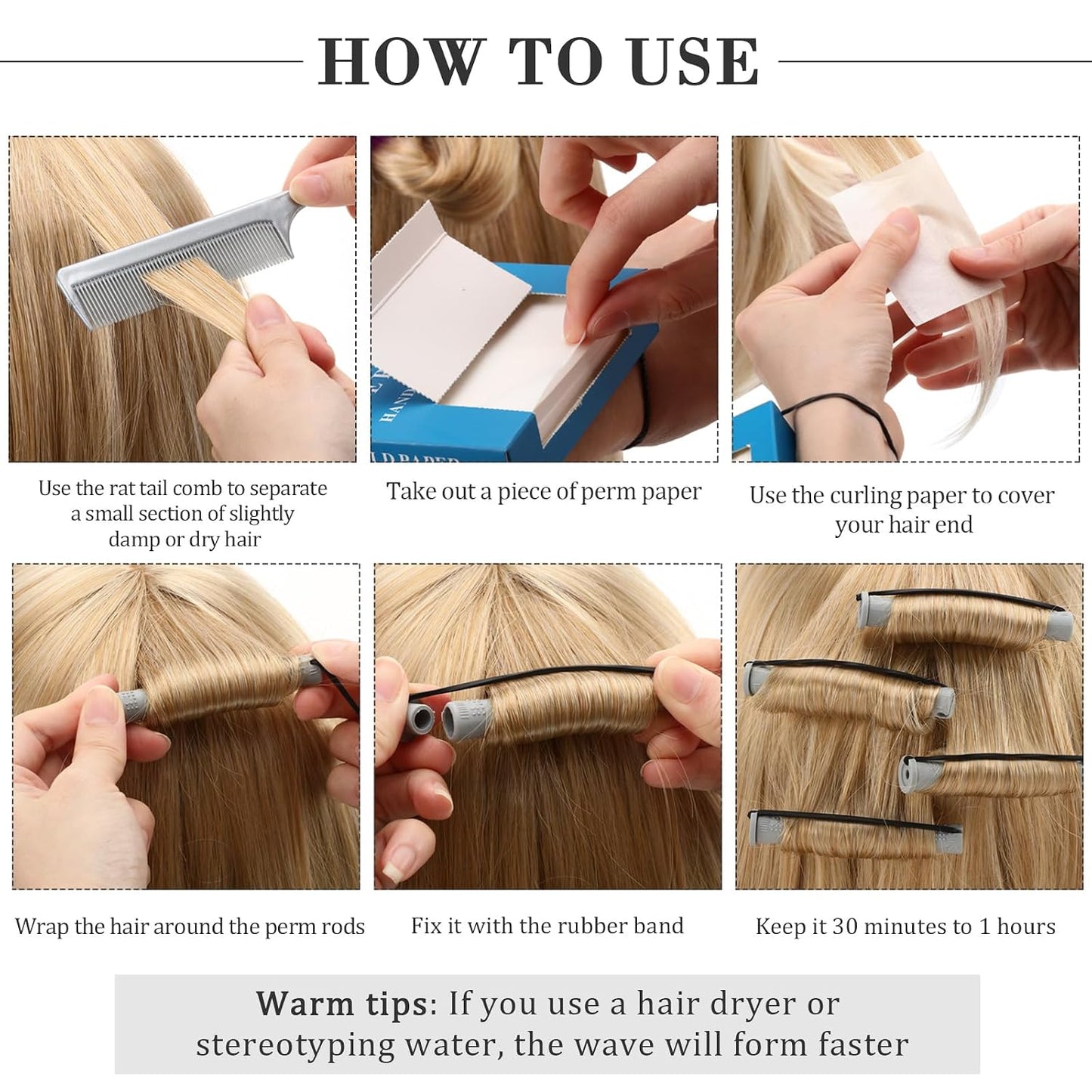 Hair Styling Kit - 48 Plastic Perm Rods, 2 Steel Pintail Combs, 350 Perm Papers, 6 Duck Bill Clips | Gray