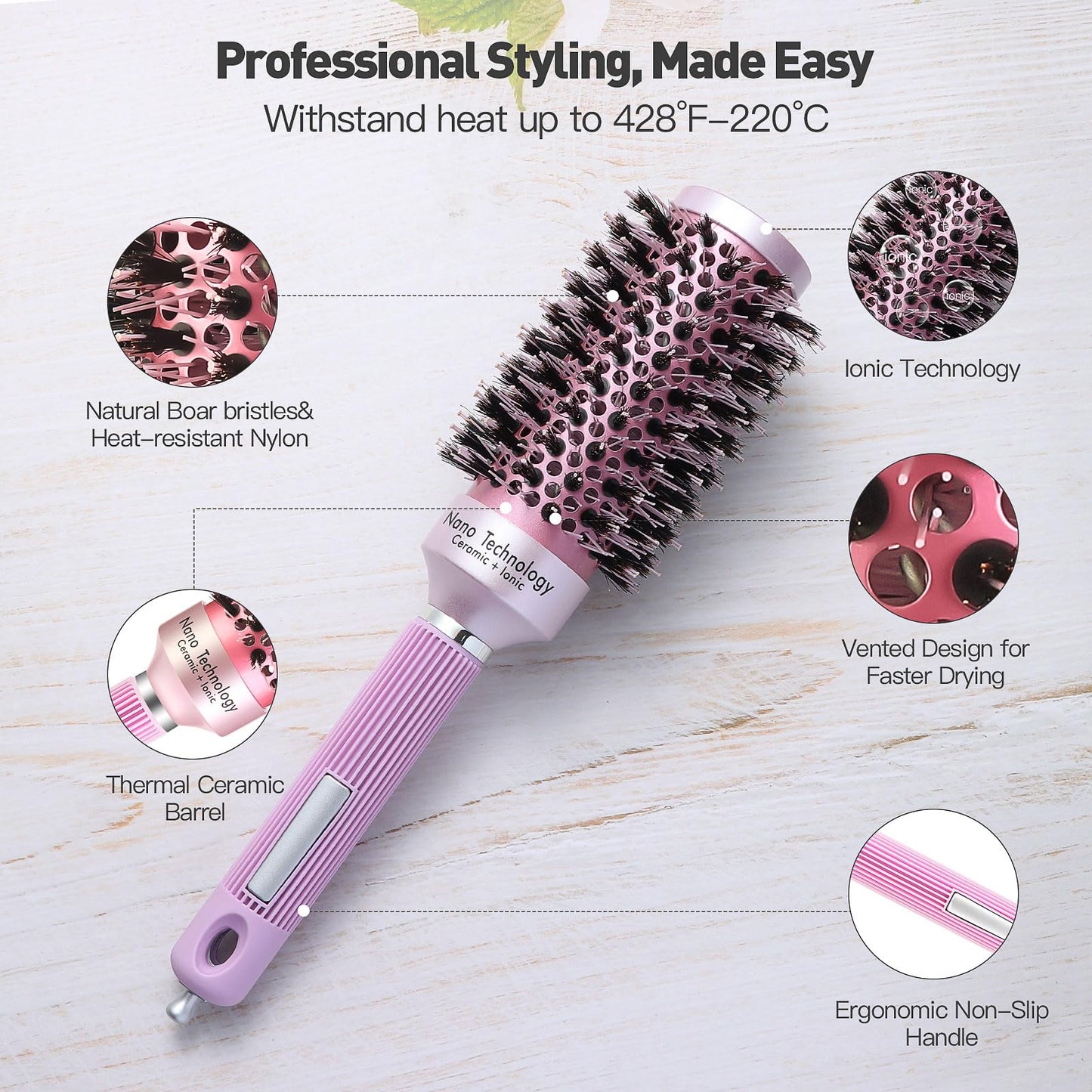URTHEONE Round Hair Brush,Mixed Boar & Plastic Bristles Roller Hair Brush for Women Salon Style Look,1.7inch Ceramic Medium Brushing with 4 Hair Clips for Short Fine Long Hair,Adds Volume & Smoothness