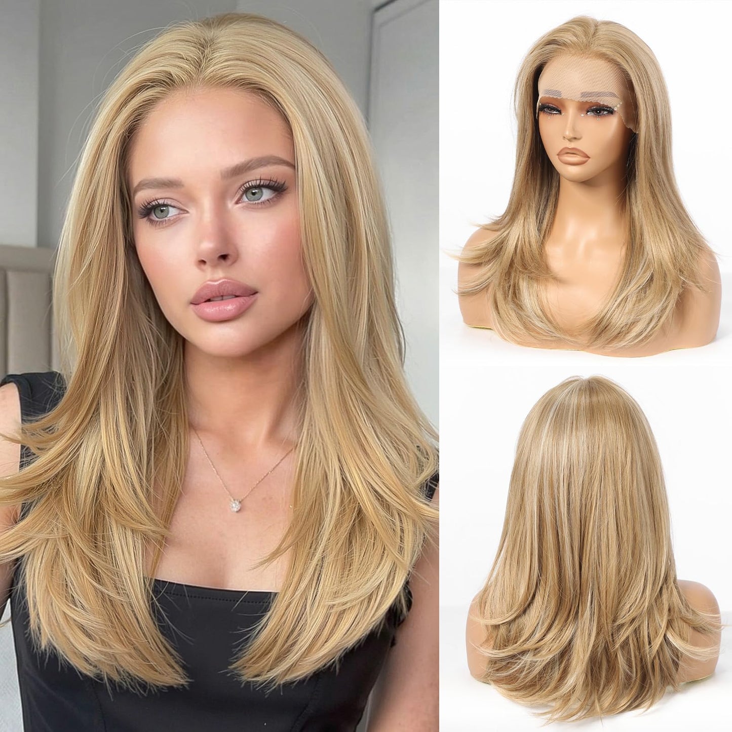Allbell Synthetic Lace Front Wigs for Women, 13 * 4 Long Layered Hair Wig With Natural Glueless Hairline 20 Inch for Daily