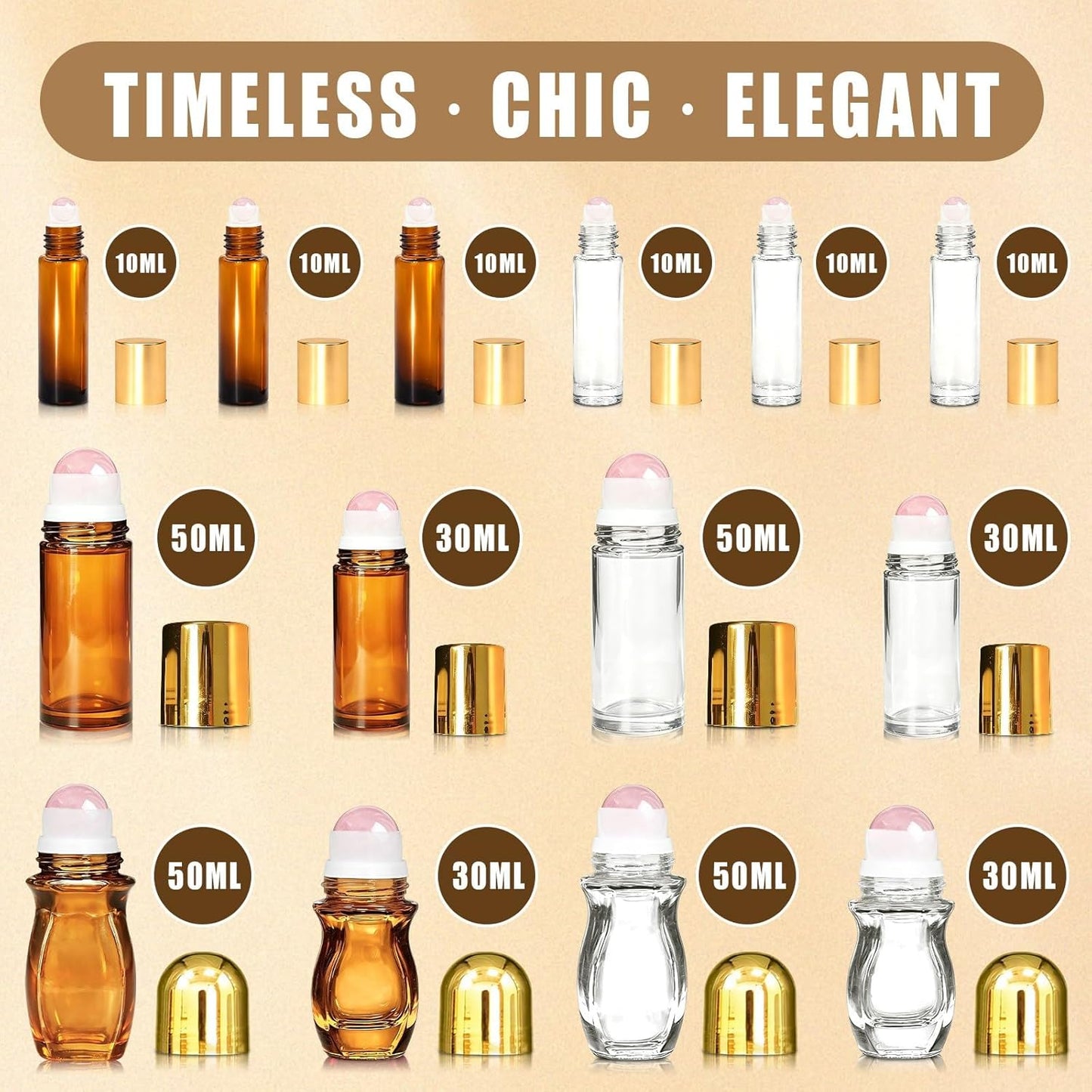 Rose Quartz Roller Bottles - 14 Pack 50ml Refillable Amber Glass | Leak-Proof Travel Perfume with Crystal Roller Balls
