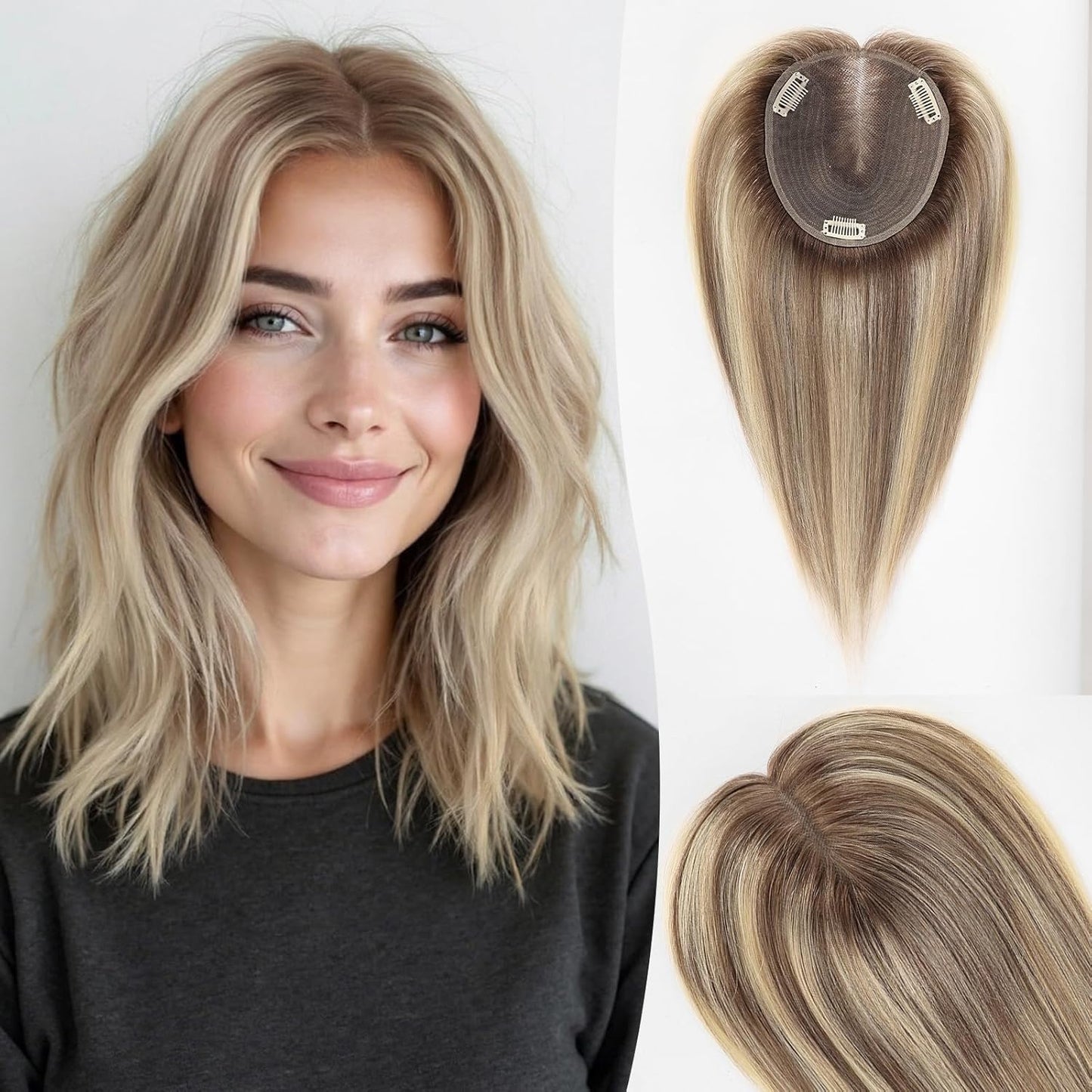 Real Human Hair Toppers for Women - 14-Inch Mixed Brown with Bangs | 6" x 5" Swiss Lace Base