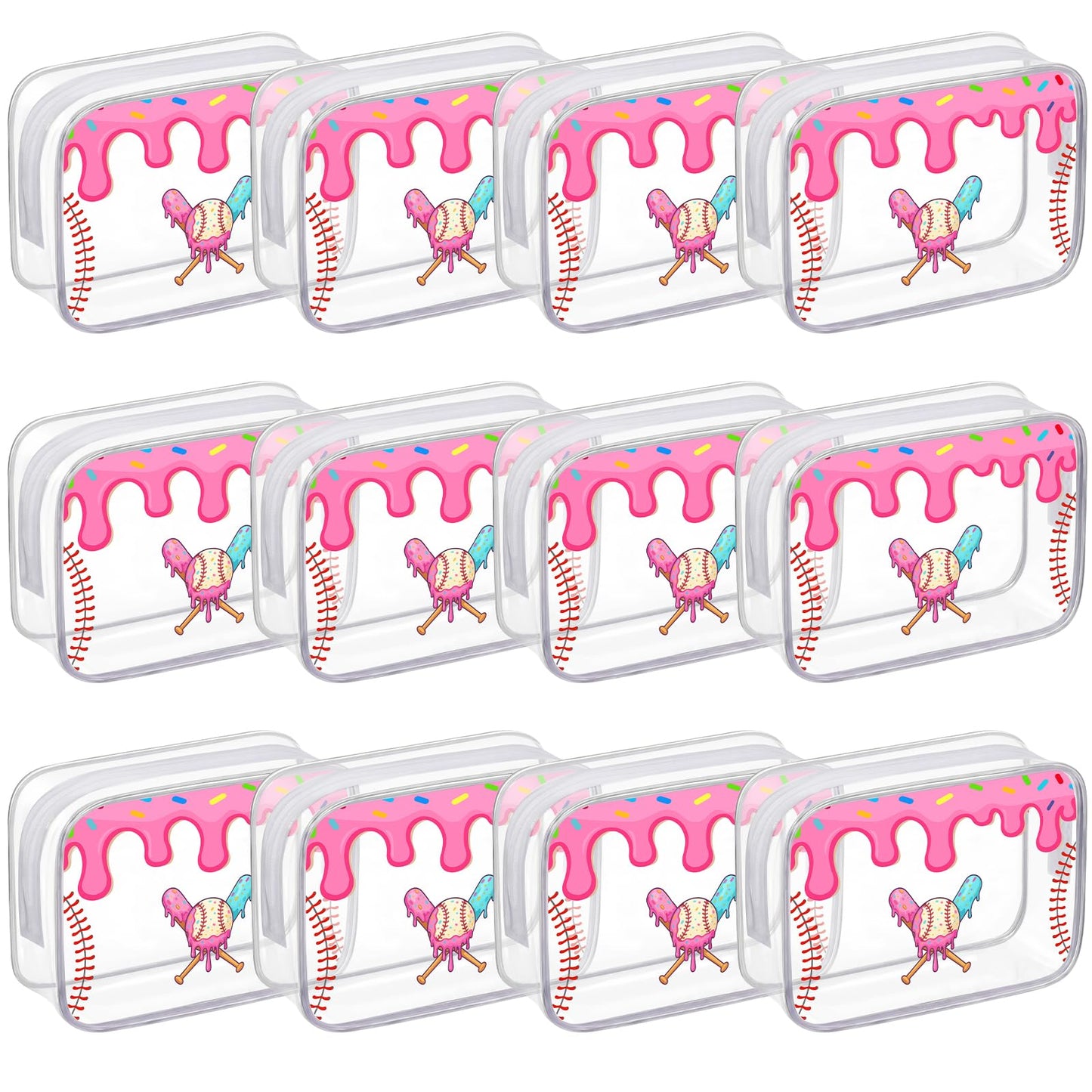 Sunnymove 12 Pcs Ice Cream Drip Baseball Snack Bags for Team Gifts 7 x 4.7 x 2.4'' Goodie Treat Candy Pouch Bags PVC Clear Waterproof with Zipper Party Favors for Travel Birthday Gifts Sport Supplies