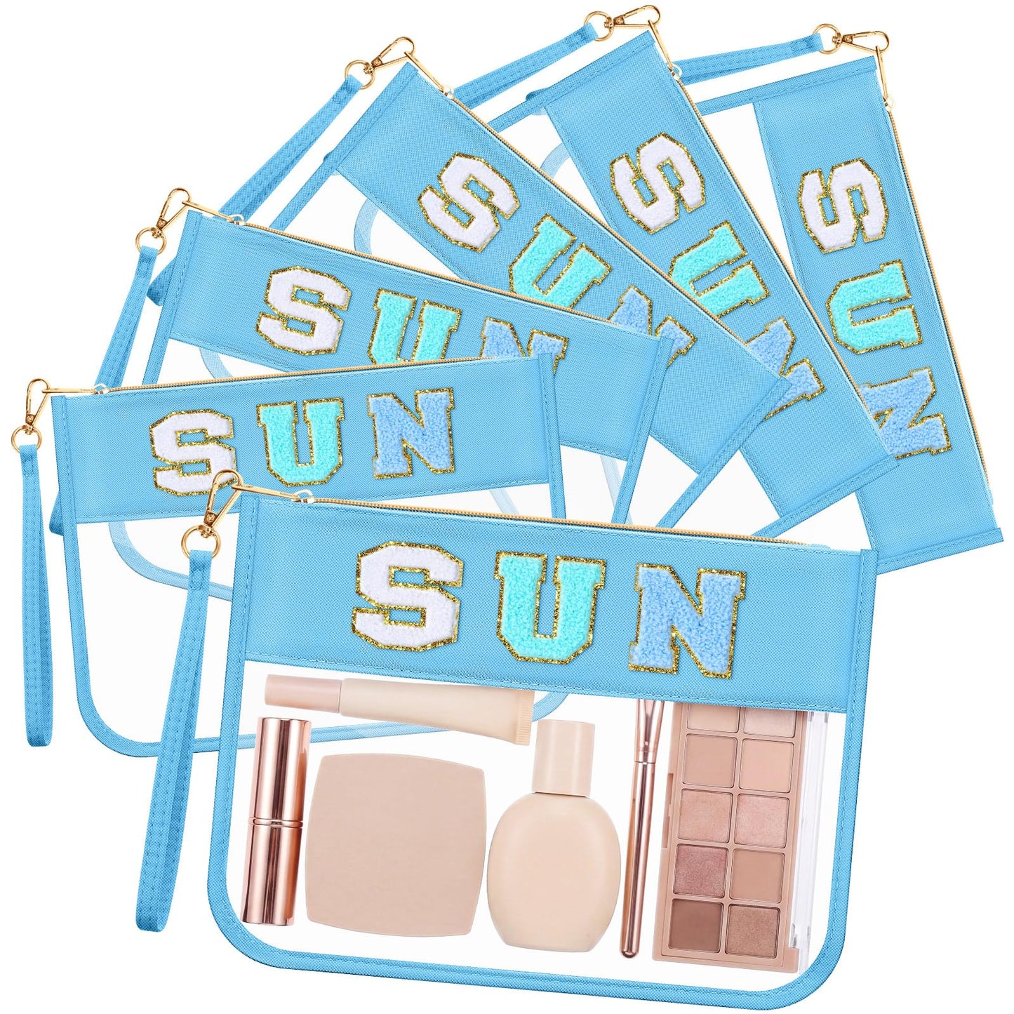 Kacctyen 6 Pcs Sun Bags Chenille Letter Clear Makeup Bag with Zipper Waterproof Cosmetic Toiletry Pouch with Handle Gym Travel Summer Gifts for Women Girls(Blue, SUN)