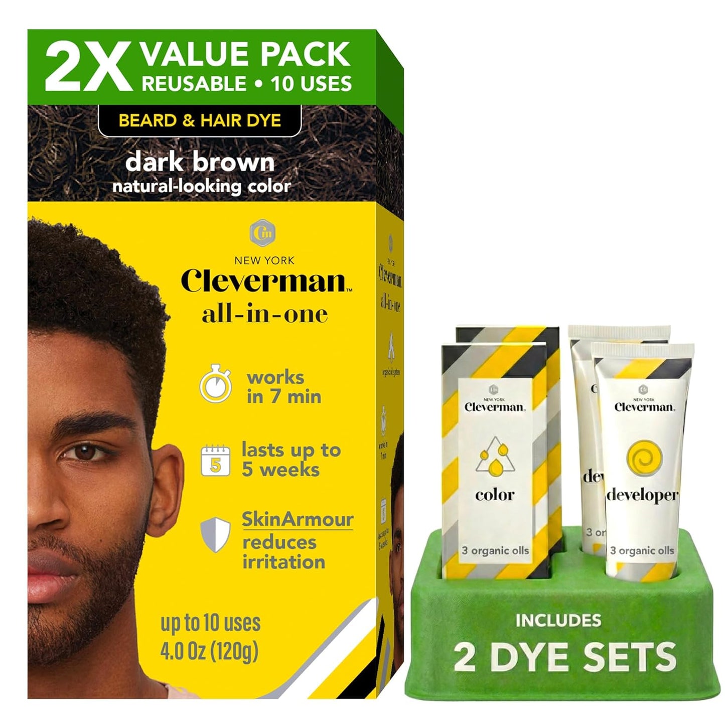 Cleverman Reusable Hair & Beard Dye for Men - Light Brown | Natural Gray Coverage, No-Drip Cream, 5 Uses in 7 Minutes