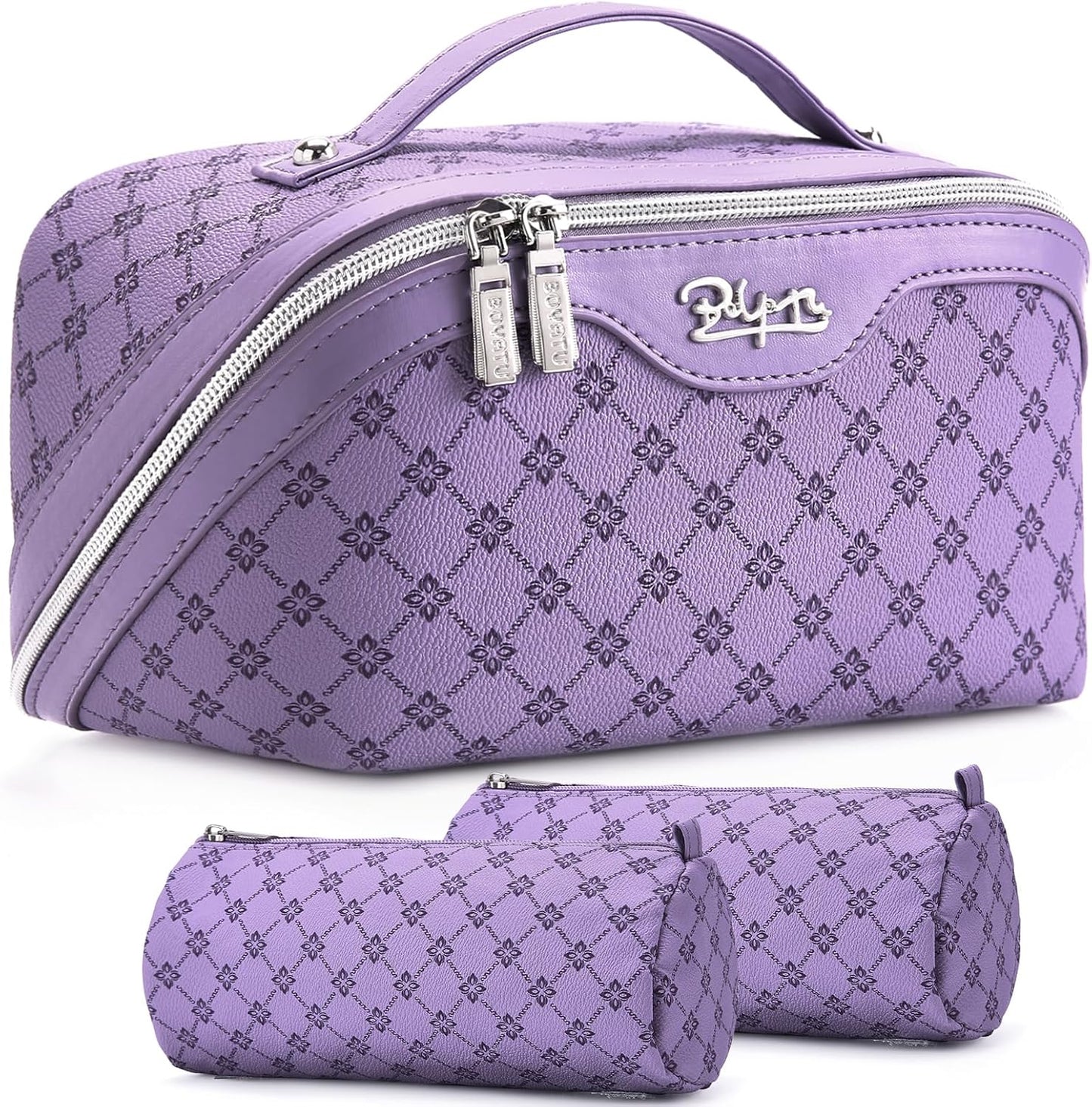 Travel Makeup Bag Set - Large Vegan Leather Cosmetic Organizer with Handle | 3 Pcs Portable Toiletry Bags in Coffee