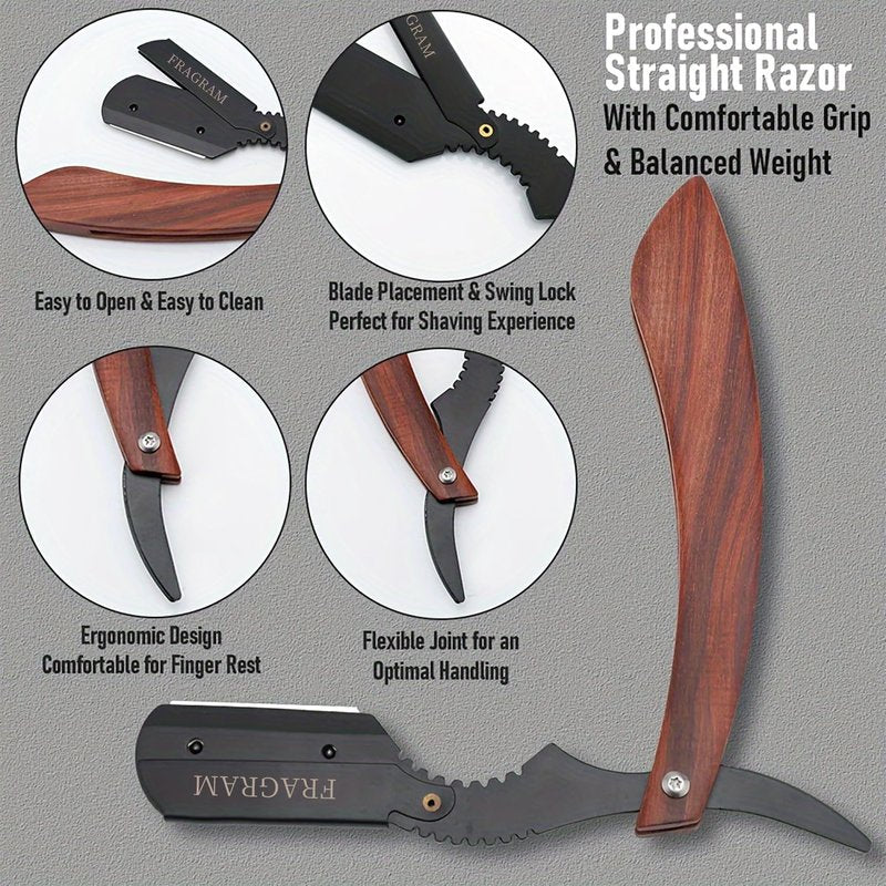 FRAGRAM wooden handle manual shaving razor with replacement blade compatible with S23 stainless steel hair clipper, used for shaving razors (剃须刀架+10片刀片)