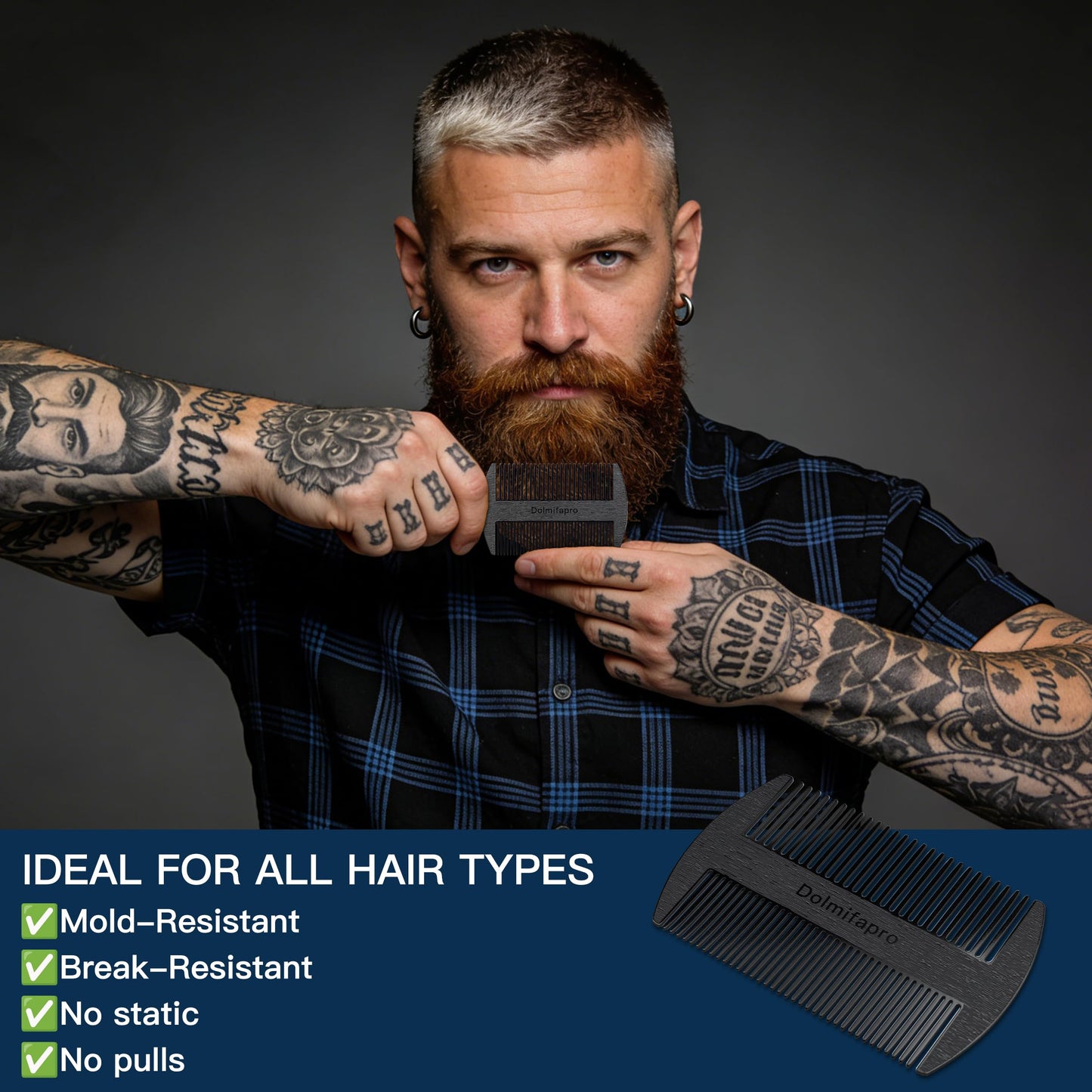 Dolmifapro 304 Stainless Steel Pocket Beard Comb for Men, Anti-Static Dual Fine Coarse Teeth Ultra-Thin Mustache Hair Grooming Comb with PU Leather Case (black)