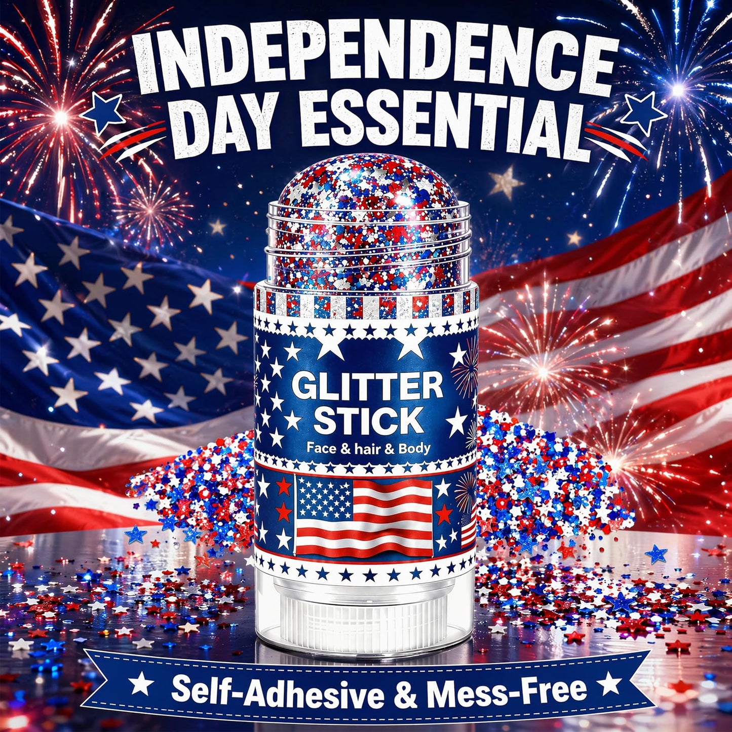 4th of July Glitter Stick for Hair, Face & Body, Red White Blue Glitter with Star Sequins, Patriotic Makeup for Women, America 250 Celebration Accessories, Independence Day Party Supplies