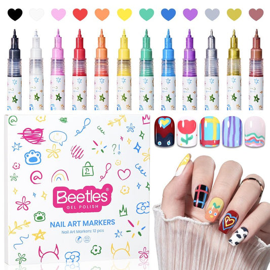 Beetles 12 Colors Nail Art Pens, 0.5mm Fine Line Nail Polish Pens Quick Air Drying Acrylic Paint Markers for Nails Art Design Painting Dotting Liner Brush, DIY Home & Salon Manicure Tools