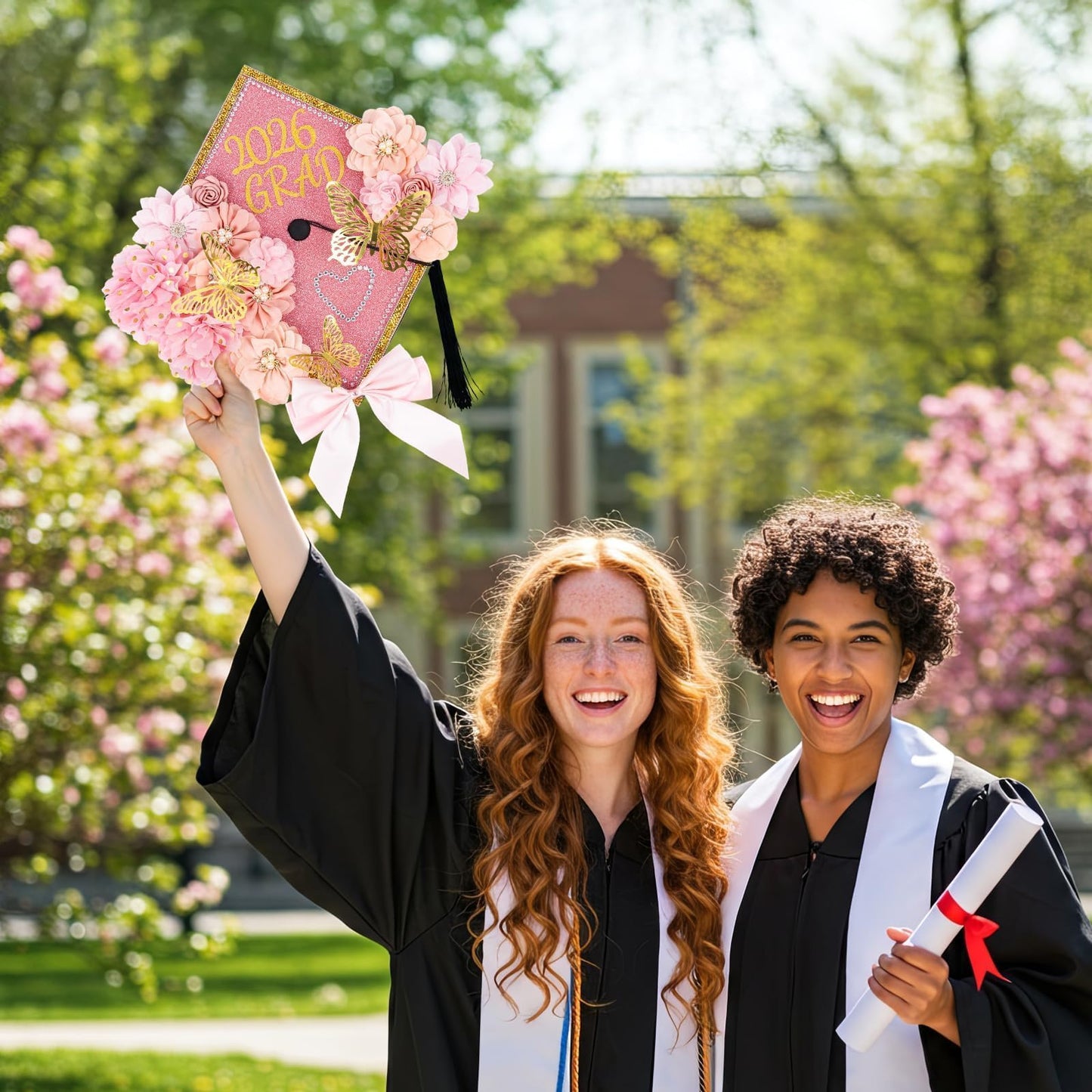 Graduation Cap Decorations Kit 2026 DIY Cap Decorations 36PCS Included Fake Flowers Heads Bow 3D Butterfly Self Adhesive Rhinestones Stickers Alphabet Letter Stickers for Grad Party Decor, Pink