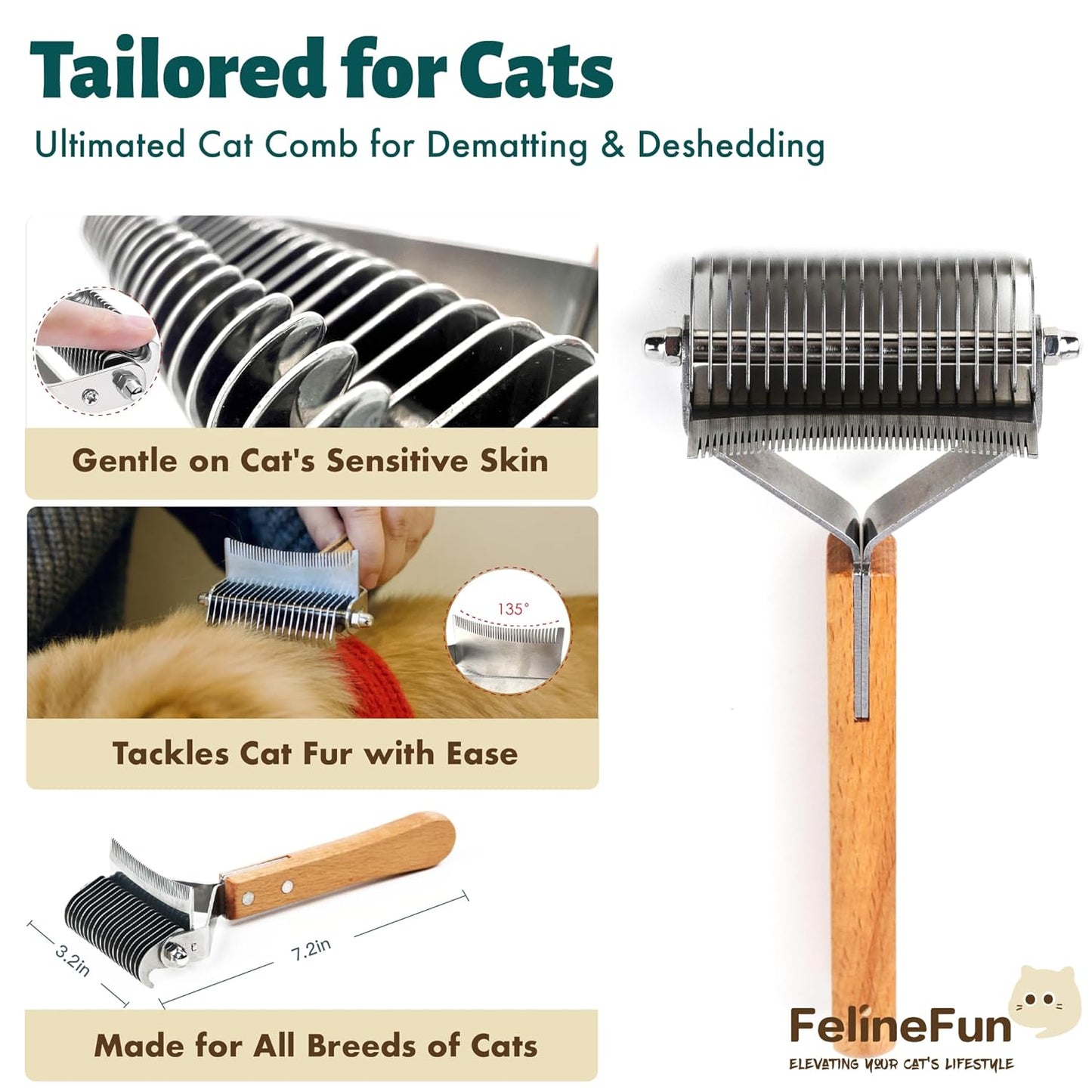 Cat Brush for Dematting & Deshedding - 2 in 1 Undercoat Rake for Indoor & Long Haired Cats | Efficiently Removes Loose Hair & Matted Fur