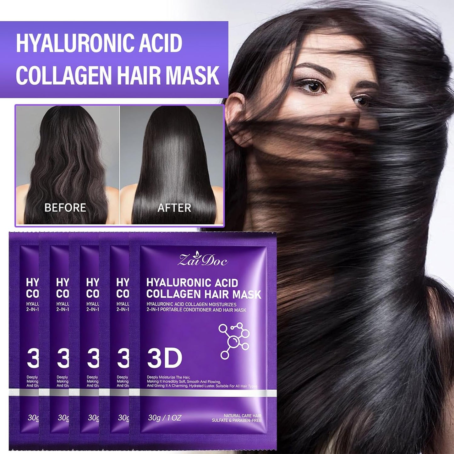 Portable Hair Conditioner Mask - 2-in-1 Hyaluronic Acid & Collagen | Deep Moisturizing Treatment for Dry, Damaged Hair - Travel Size 1oz