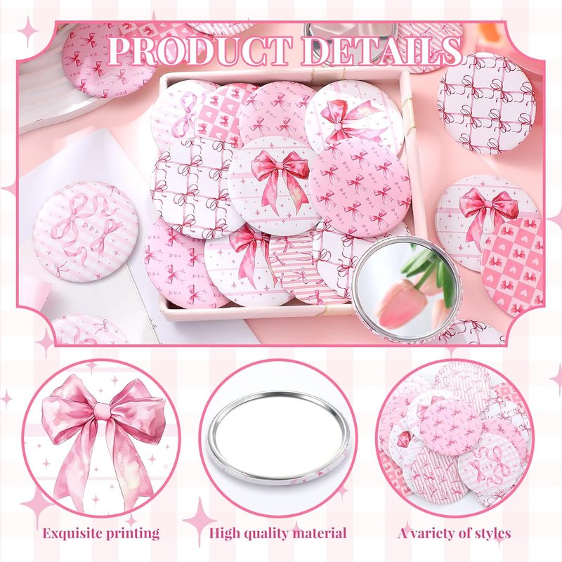 Compact Pink Bow Mirrors - 48 Pcs Mini Purse Mirrors for Women | Coquette Aesthetic Party Favors & Gifts