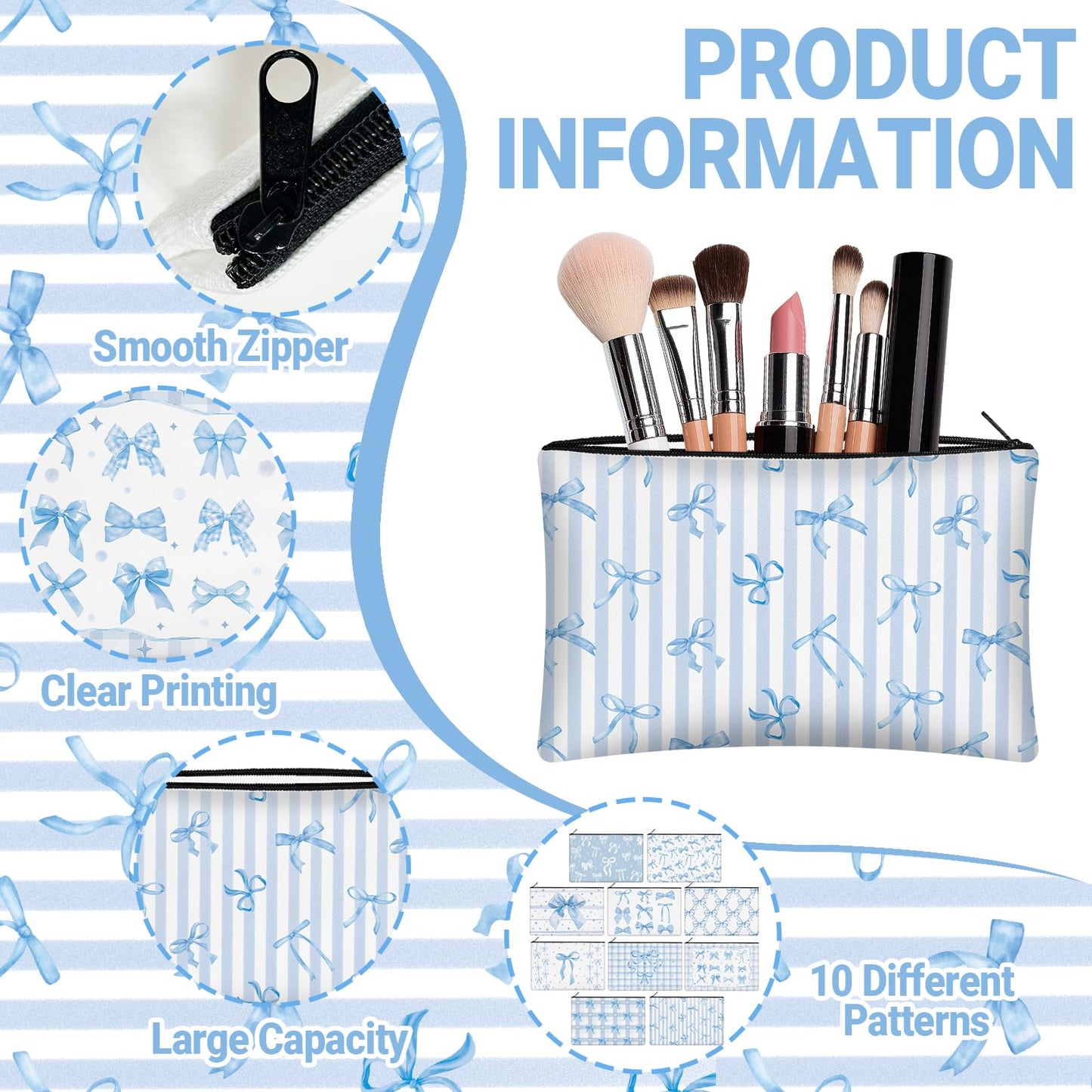 KOPOOEOE 30 Pcs Blue Bow Makeup Bags Coquette Cosmetic Zipper Pouches with Elegant Blue Bow Makeup Bag Bulk Canvas Cosmetic Travel Toiletry Pouch for Women Bridesmaids Wedding Favors