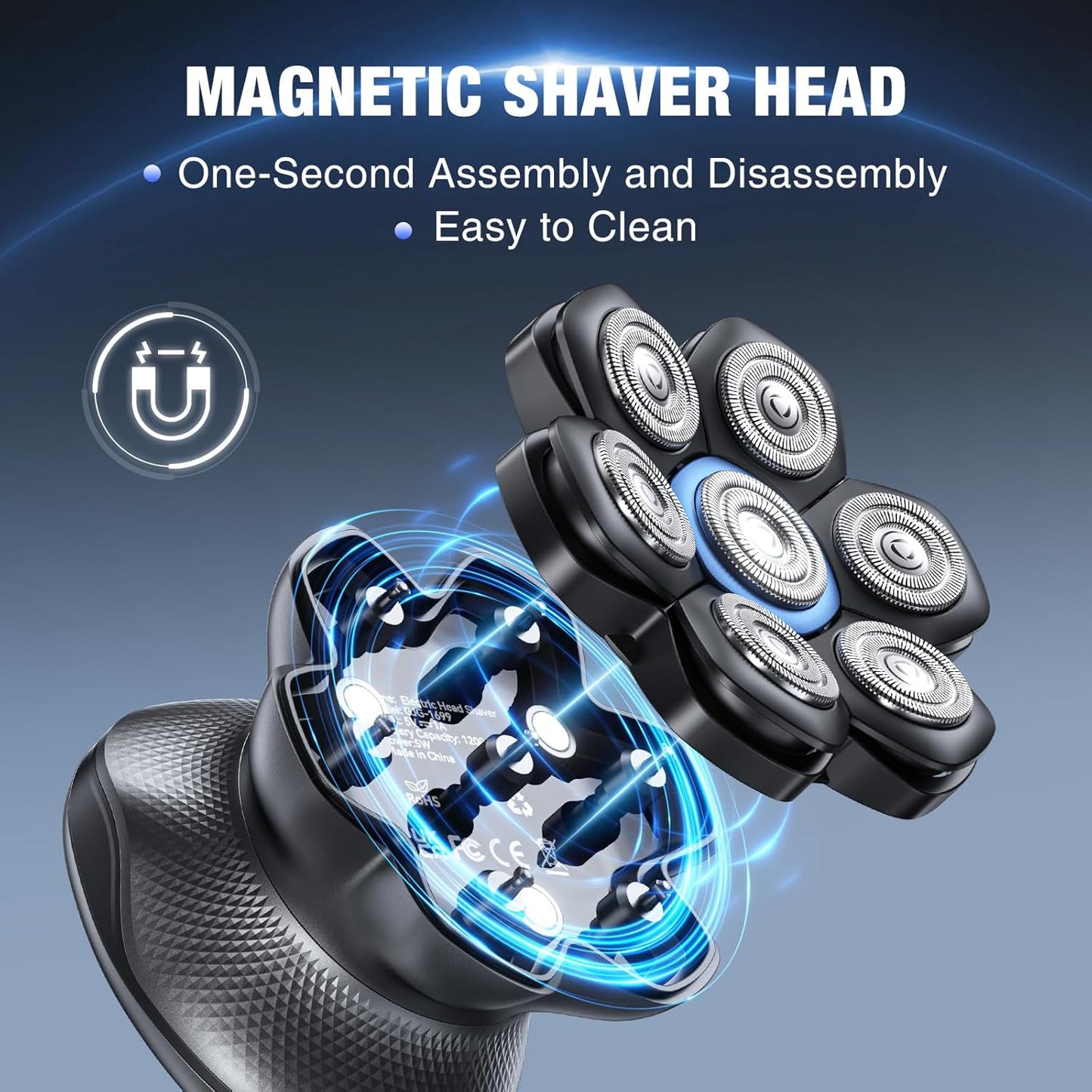 7D Head Shaver for Bald Men - Dual Speed Electric Razor with IPX6 Waterproof Design | Cordless, Gray