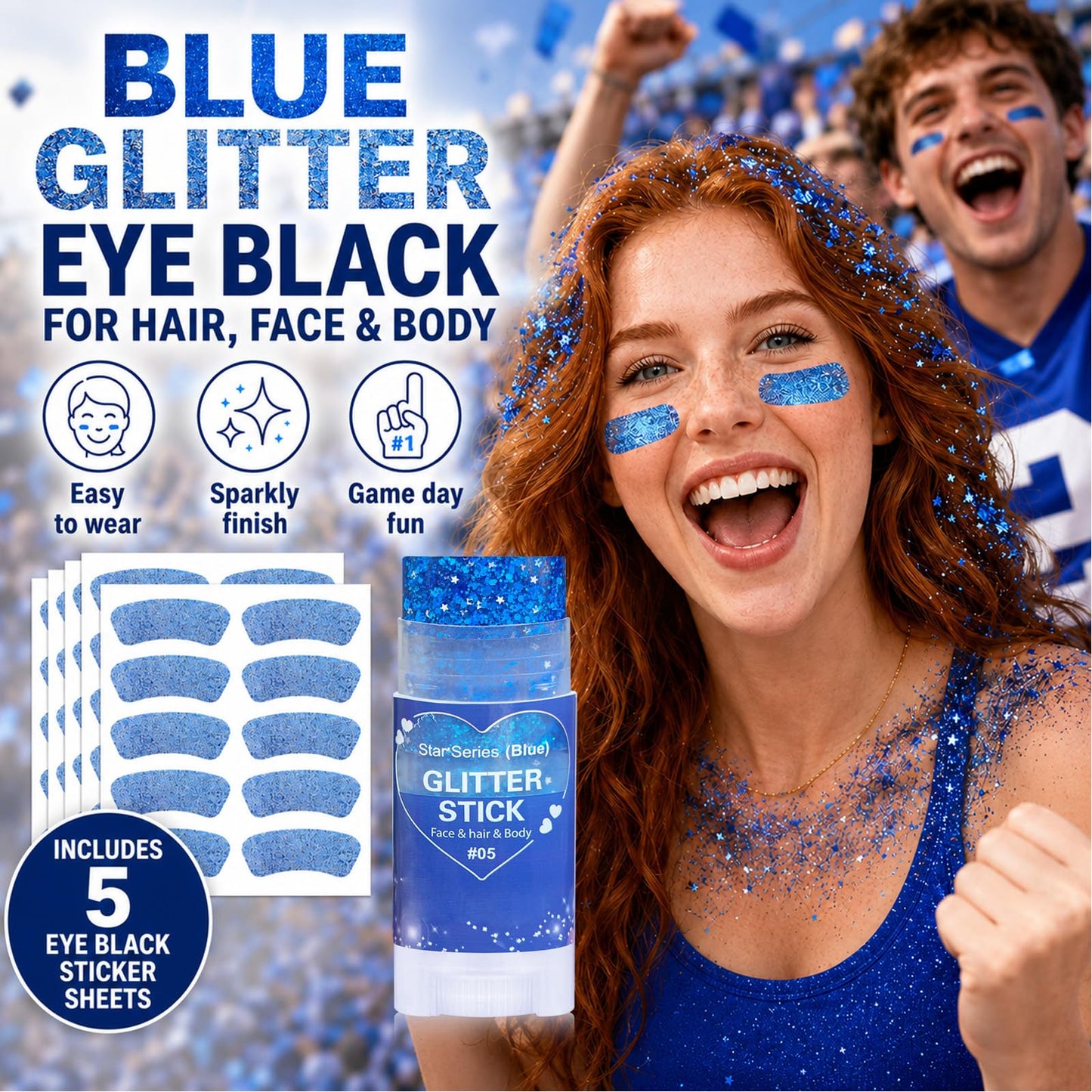 Paminify Blue Hair Glitter Stick and Eye Black Stickers Kit,50pcs Waterproof Cheer Glitter Eye Sticker for Football Baseball Soccer Sports,Team Spirit Wear 4th of July Royal Blue Face Body Glitter