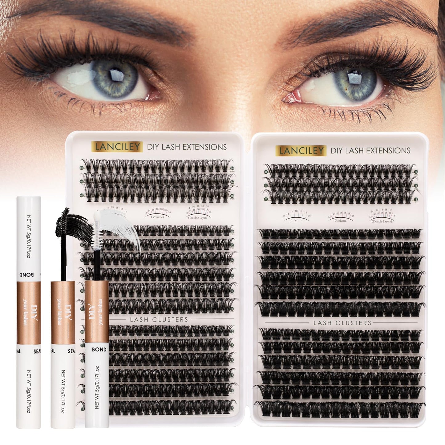 Lash Clusters 564pcs Eyelash Clusters 40+50+60+80+100+150D Cluster Eyelash Extensions Kit Thick Volume Individual Lashes Natural Lashes DIY Lash Extension Kit with Bond and Seal and Tweezers-40-150D