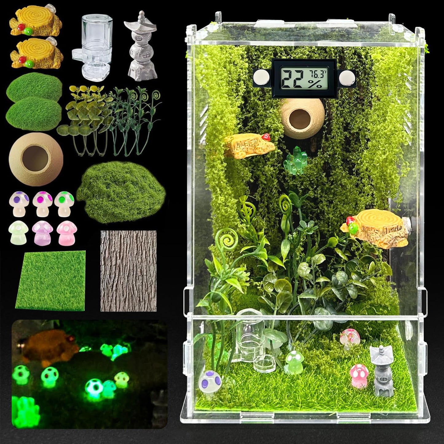 Jumping Spider Enclosure,DIY Insects Habitat,Small Reptile Terrarium Glass House Accessories Set,with Temperature and Humidity Detector Water Feeder Platform Hide,5.5“x5.5”x9.5“ (Forest)