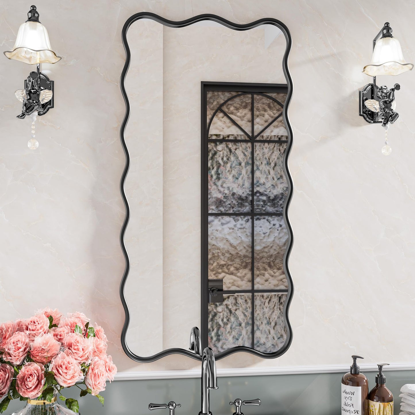 PROHOMEWARE 24 * 48" Black Bathroom Mirror for Wall,Wavy Rectangular Mirror,Vanity Mirror,Bathroom Mirrors for Wall-Mounted Metal Frame Mirror for Bedroom Entryway Living Room Farmhouse (Black)