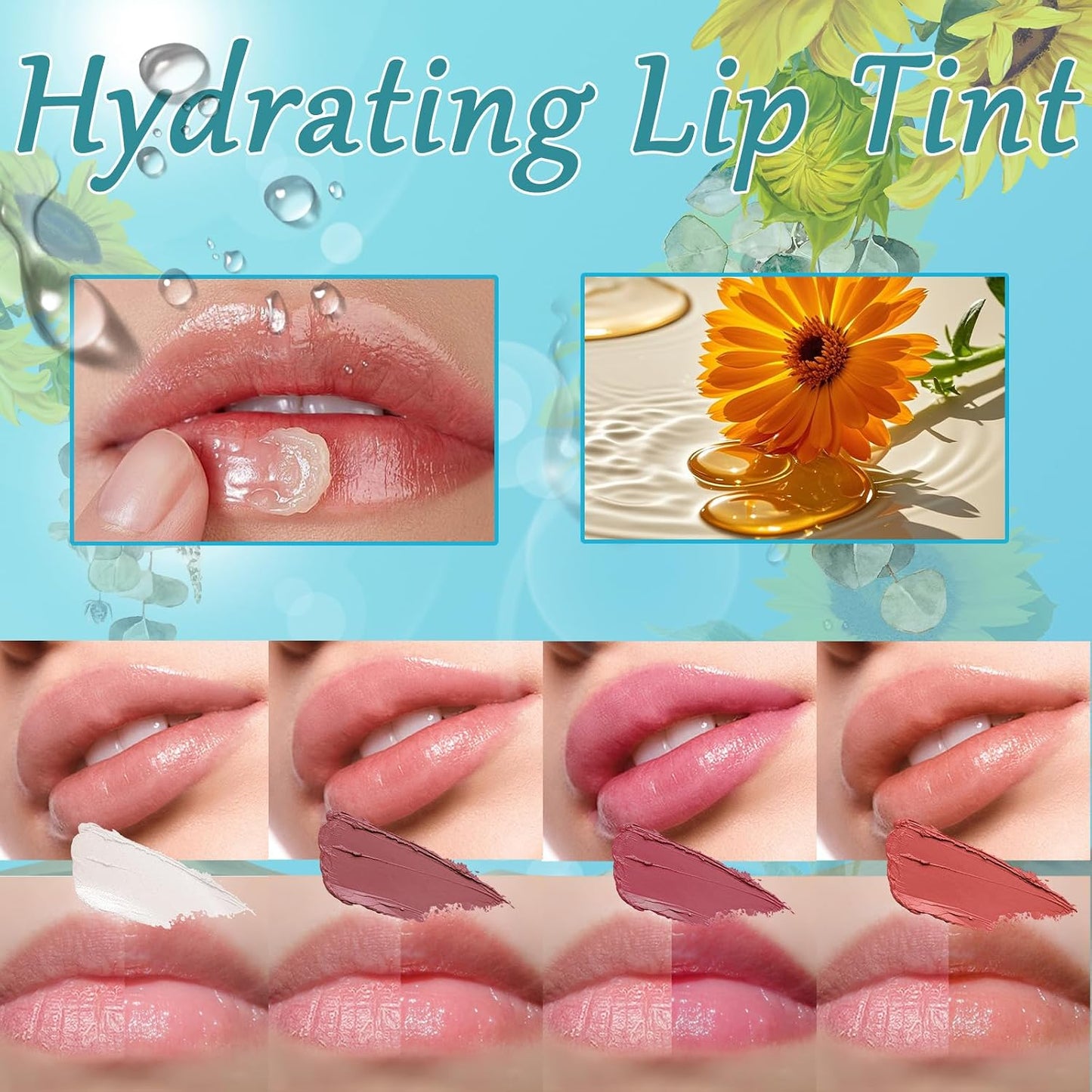 Hydrating Lip Tint Set - 4pcs Moisturizing Lip Oil Balm | Long-Lasting Waterproof Gloss