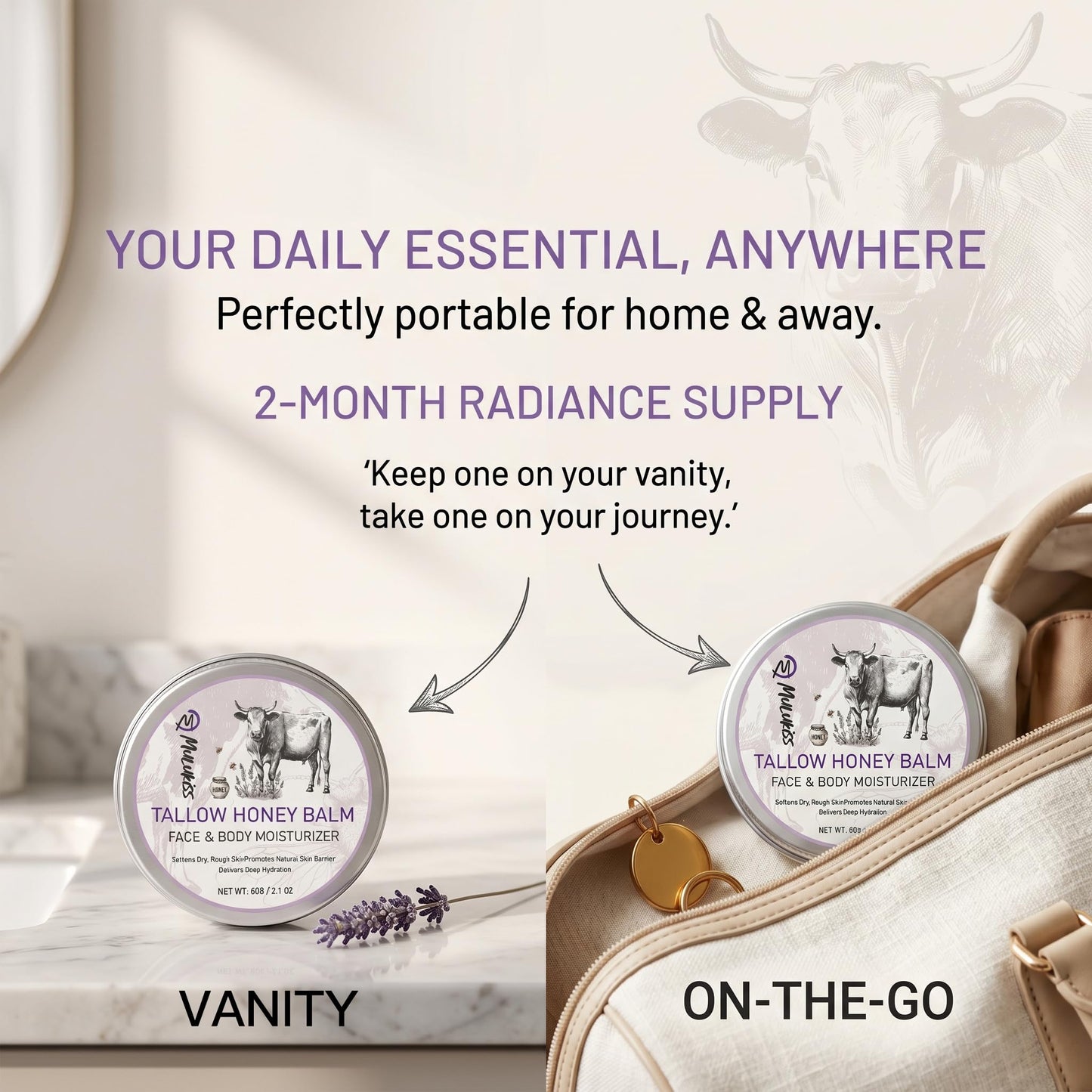 Beef Tallow for Skin – 2 Pcs Tallow and Honey Balm with Lavender Essential Oil, Beef Tallow for Face & Natural Tallow Face Moisturizer, Grass-Fed Tallow and Raw Honey Balm, Nourishing Hydrating Balm
