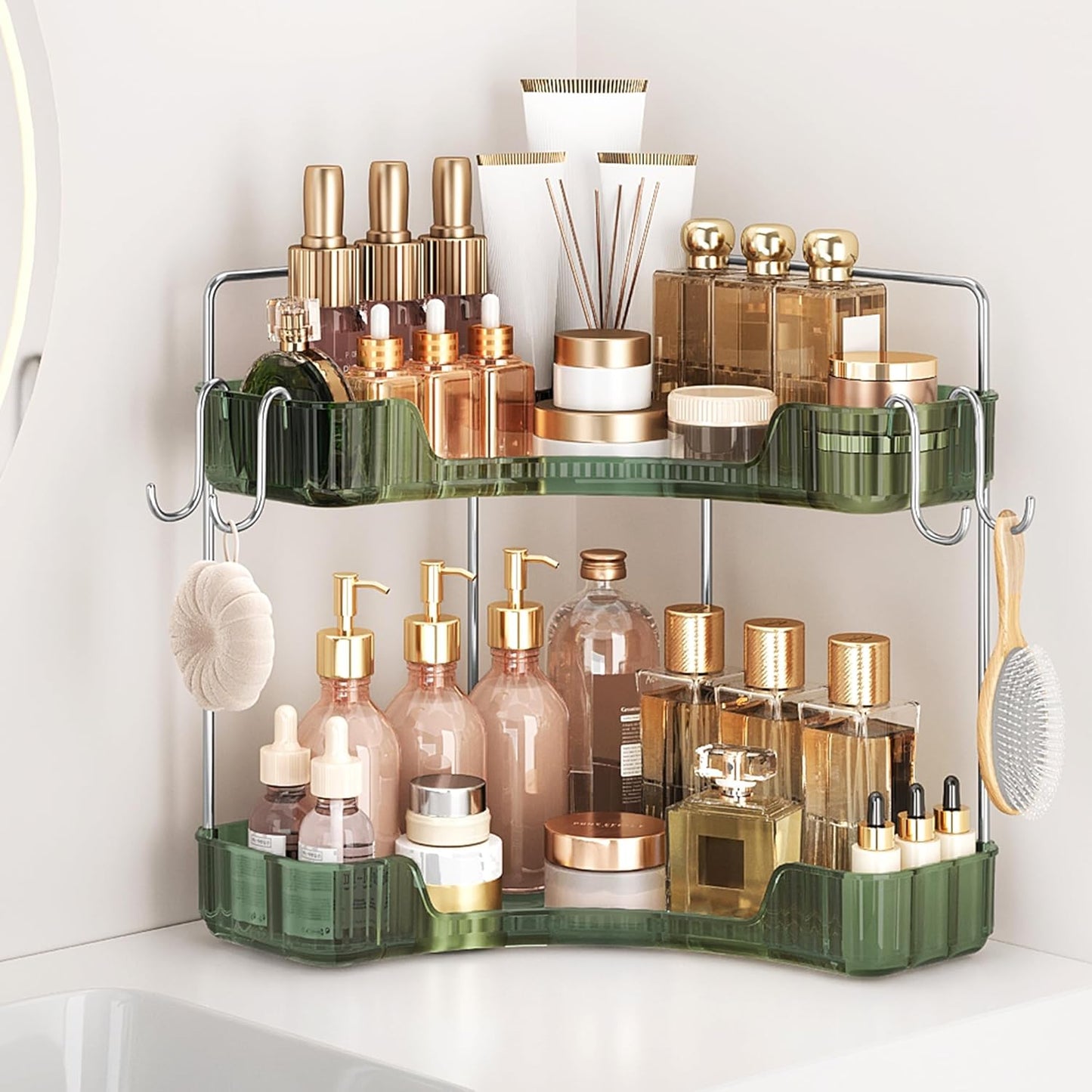 Corner Bathroom Counter Organizer - 3-Tier Storage Shelf with Hooks for Makeup & Skincare | Clear