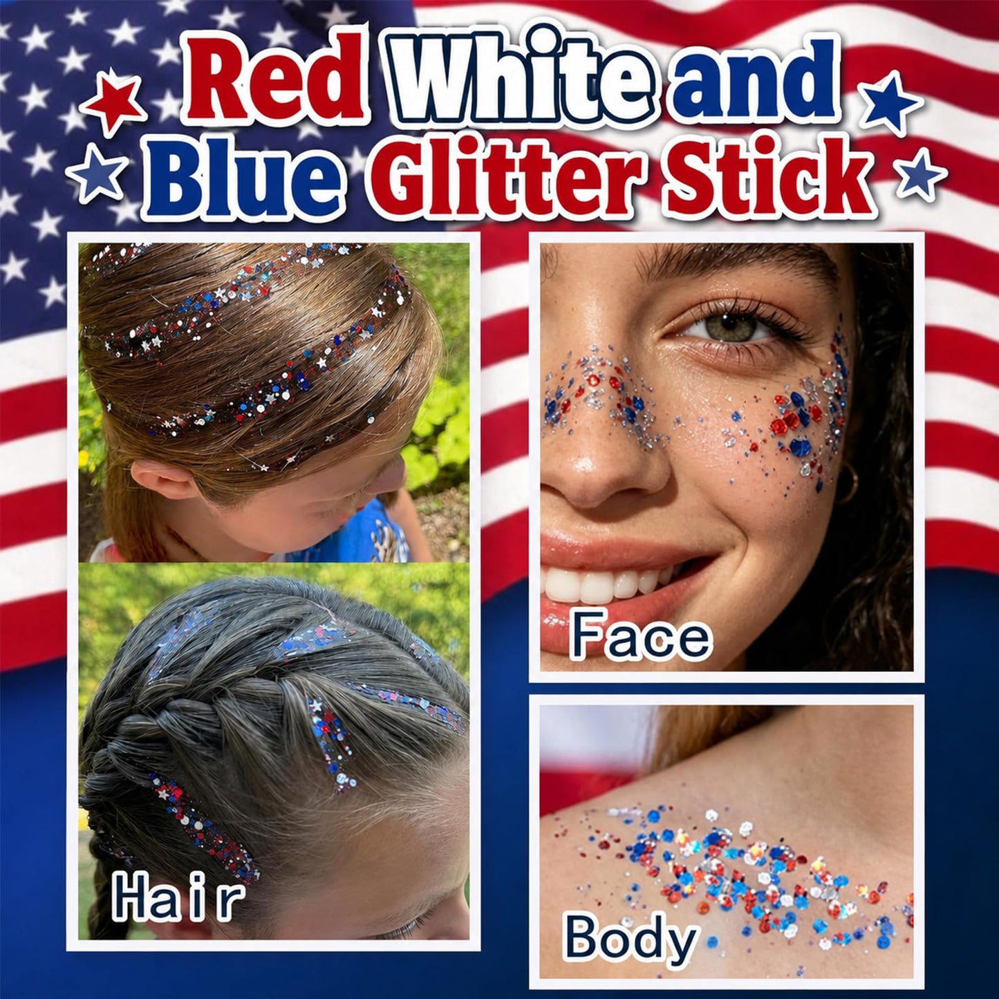 4th of July Glitter Stick, Red White & Blue Glitter Stick for Hair&Face, Waterproof & Easy Clean, Patriotic Independence Day 250th Anniversary Fourth of July Outfits Accessories for Women & Kids