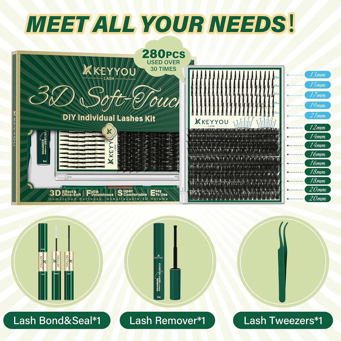 KEYYOU Eyelash Clusters Kit - 280 Pcs 100D Long Volume Lashes | Spiky Extensions 10-18mm Mix