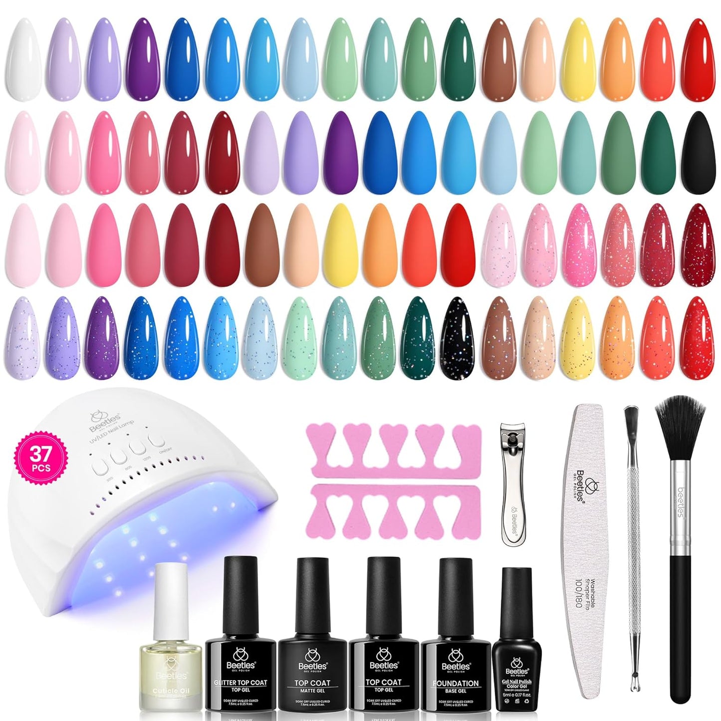 Beetles Gel Nail Polish Kit - 55 Vibrant Colors with UV Light | Complete DIY Manicure Set for Beginners