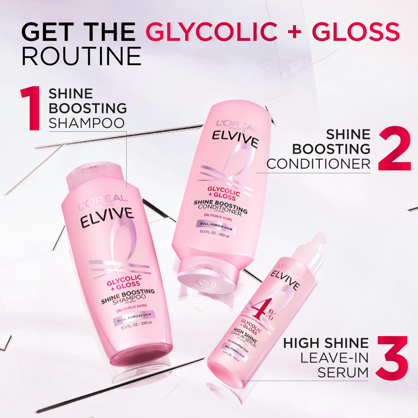 L'Oreal Paris Elvive Glycolic + Gloss Shine Boosting Shampoo and Conditioner Set, Cleanses and Smooths Dull, Porous Hair Into High-Shine, Glossy Hair, 56 Fl Oz Set