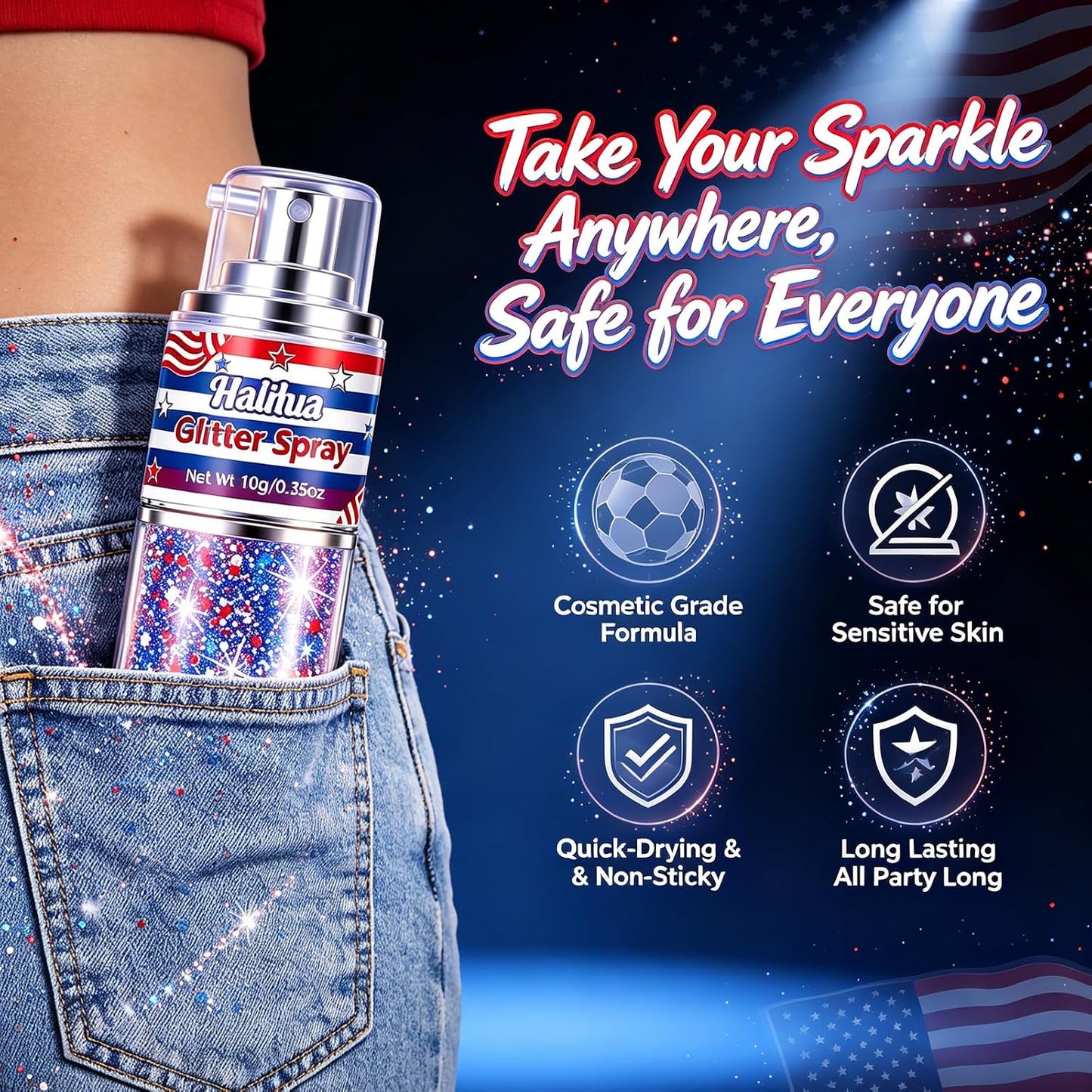 Patriotic Body Glitter Spray - Red, White & Blue Shimmer for 4th of July | Face, Hair & Nail Art Accessory
