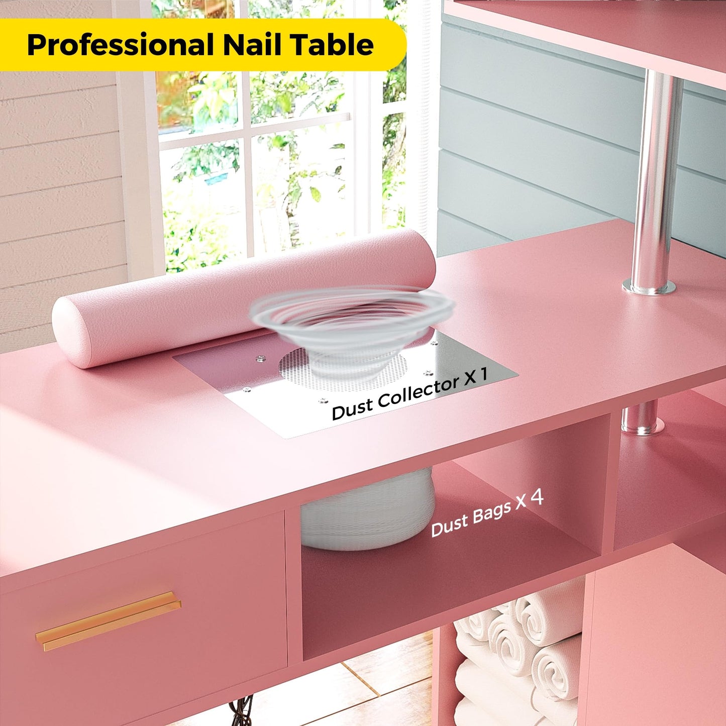 Kikihouse Manicure Table Nail Desk with Stool, L-Shaped Nail Tech Desk with Dust Collector, Two-Way Drawer, Cabinet & Storage Shelves, Rotating Reversible Manicure Workstation on Wheels (Pink)