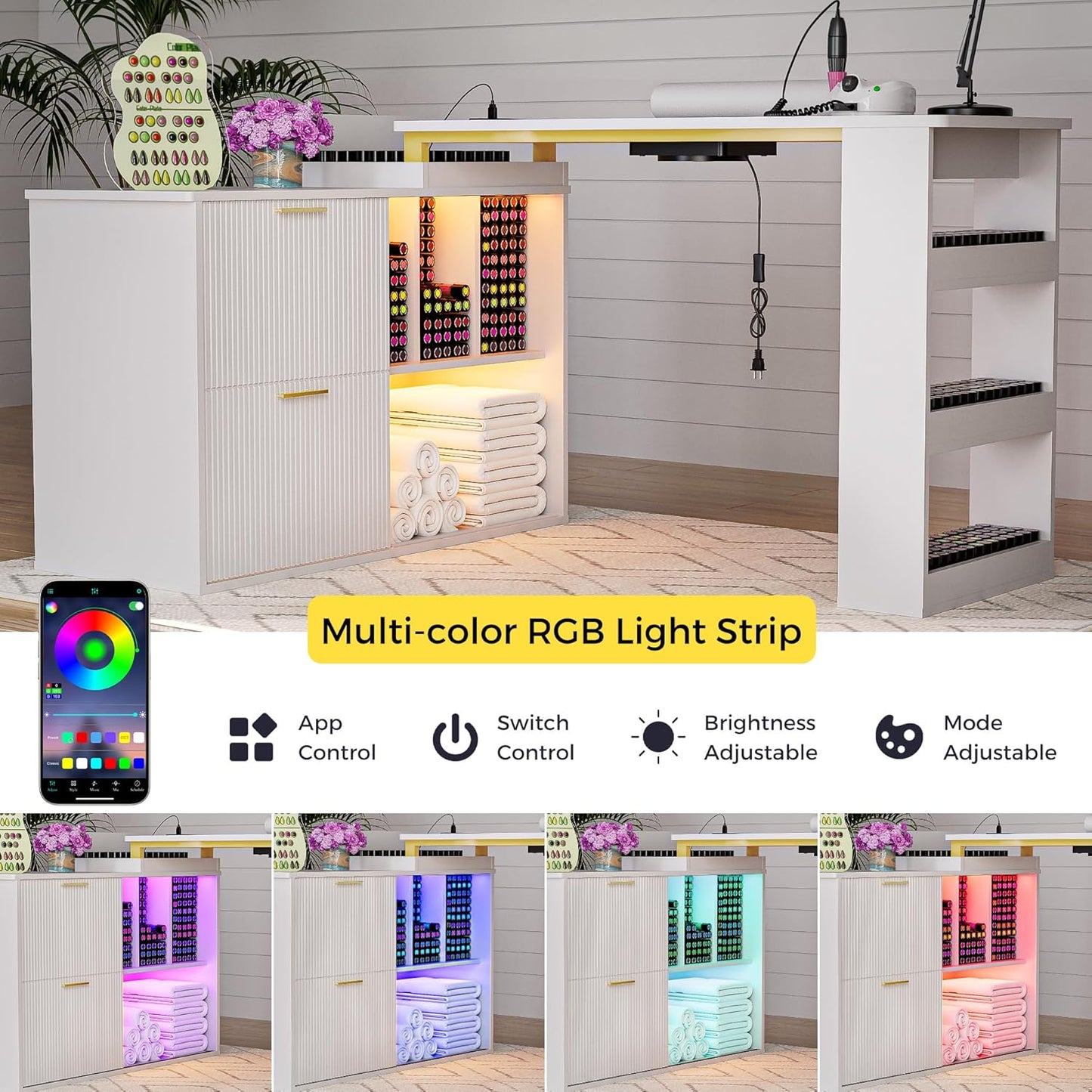L-Shaped Manicure Table with LED Light - Adjustable Nail Tech Station with Dust Collector & Power Outlets | White