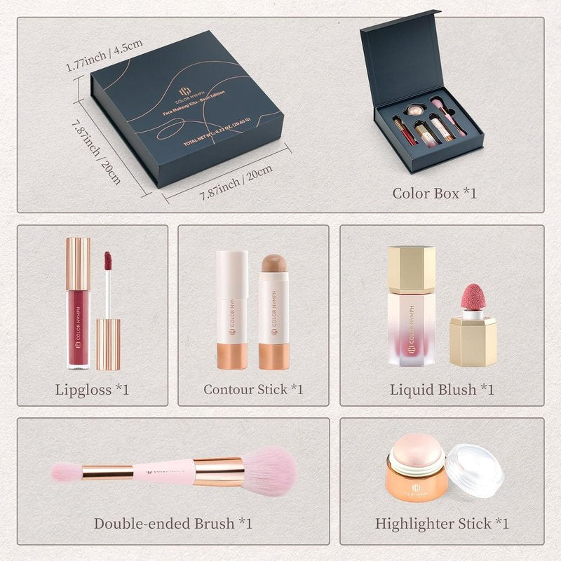 Color Nymph Makeup Kit for Teens - Complete Beginner Set with Lip Gloss, Blush, Contour Stick & Brush | Vegan & Cruelty-Free