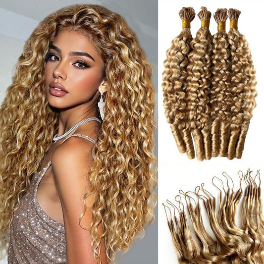 Ombre Honey Blonde Feather Crochet Human Hair 14 Inch Crochet Burmese Curly Human Hair Bundles 100g Pre-Separated Crochet Hair for Black Women