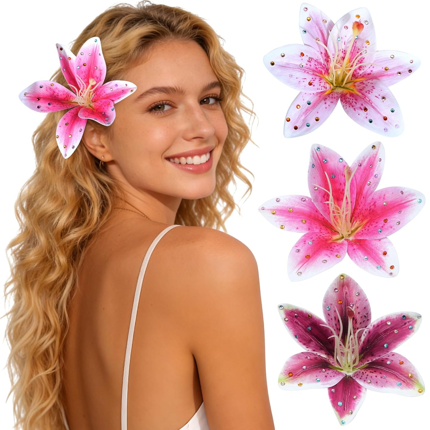 Hawaiian Flower Hair Clips - 3 Pack Artificial Tropical Orchid Hair Pins | Rhinestone Accessories for Weddings & Beach Parties (Orange)